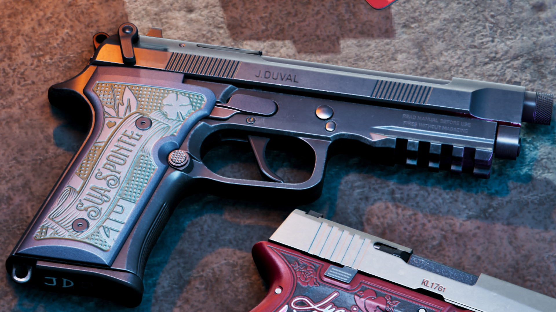 GTA 6 weapons: A close-up of Jason's custom Girardi ES9 on a table.