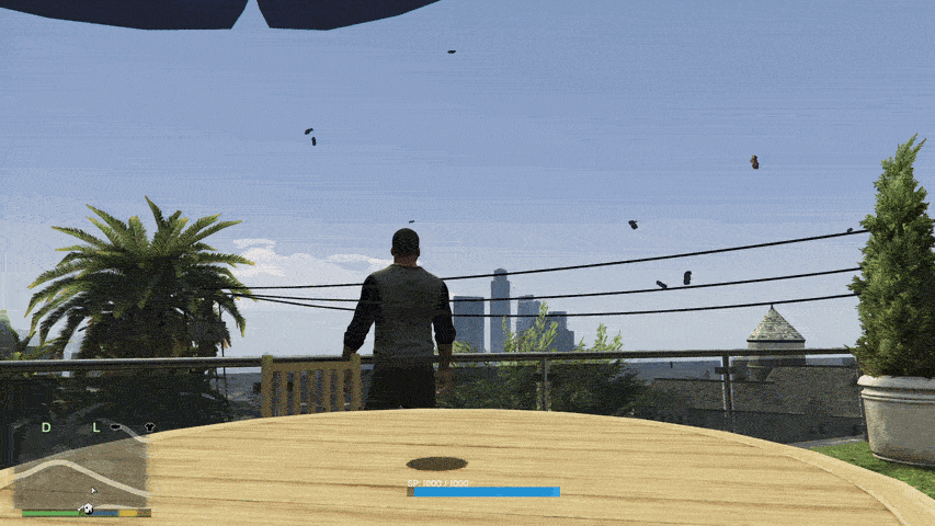 Franklin surveys many flying cars from his balcony.