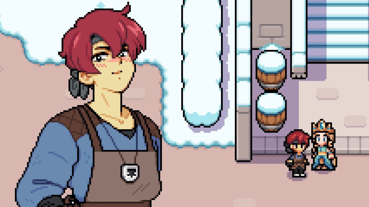 Fields of Mistria - March blushes happily while taking to the main character