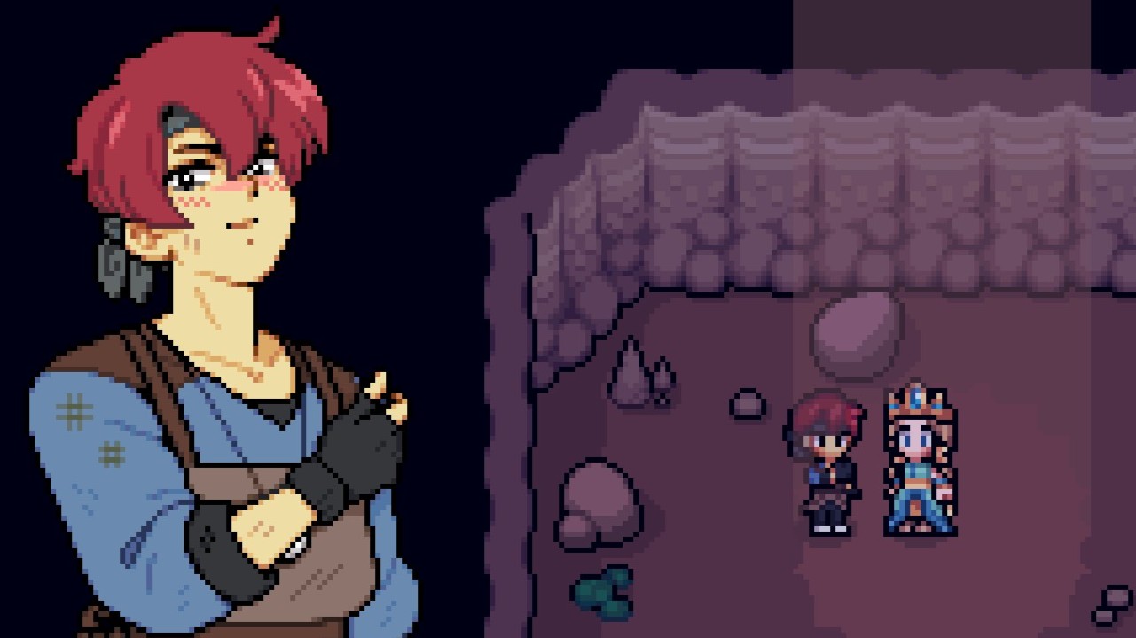 Fields of Mistria - March looks bashful while trapped in a cave with the main character
