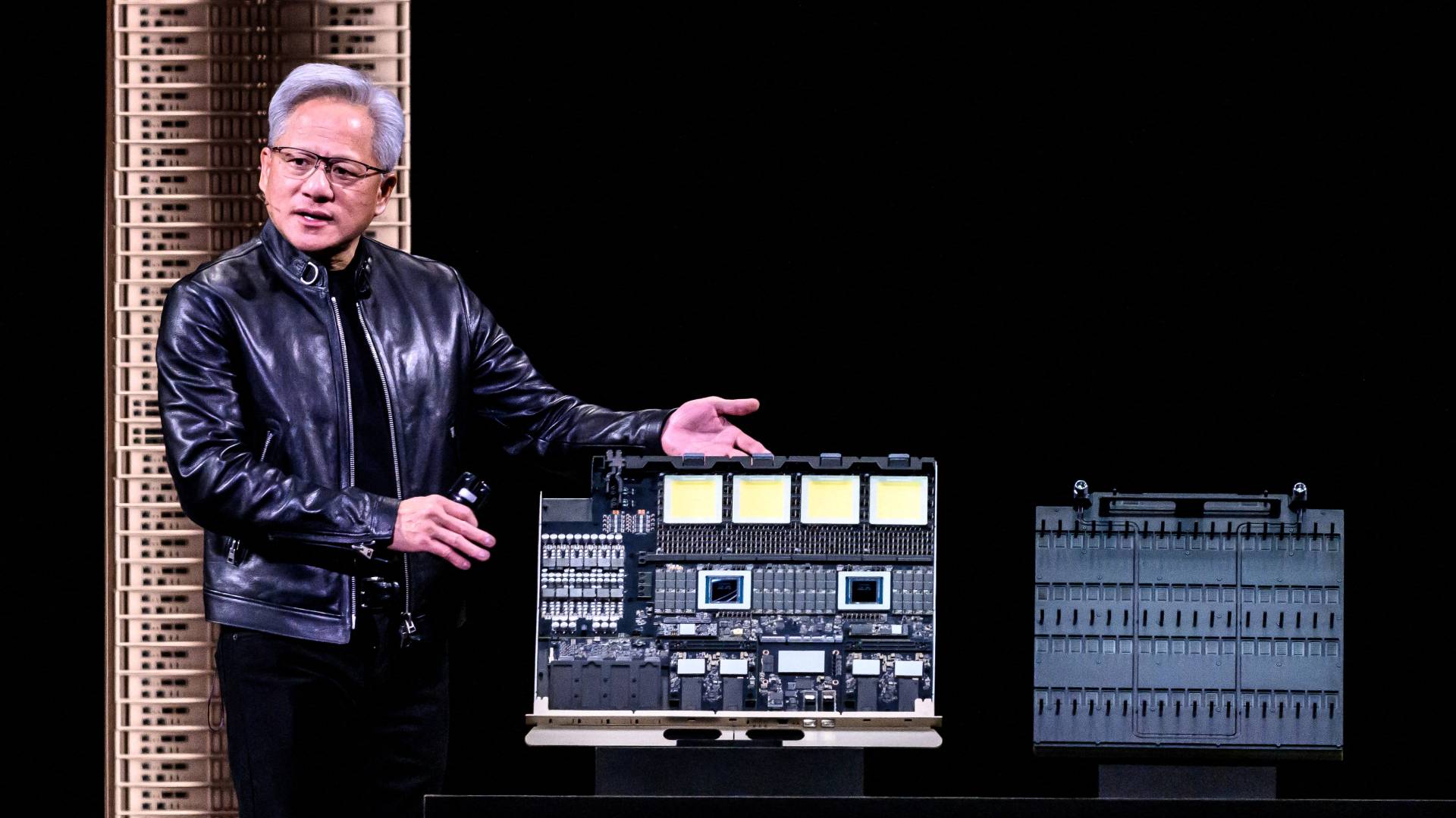 Nvidia CEO Jensen Huang introduces Vera Rubin, a next-generation AI data center platform, and Rubin Ultra, a next-generation AI GPU architecture, during the keynote address at GTC 2026.