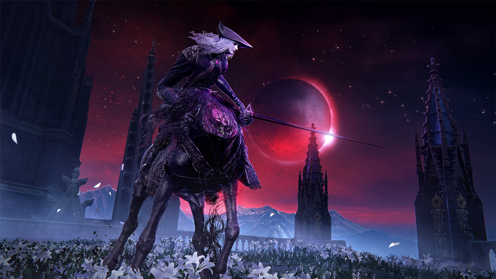 A promotional screenshot of The Duskbloods. A white-haired character holding a sword straddles a headless horse in a field of flowers with a red moon in the sky.