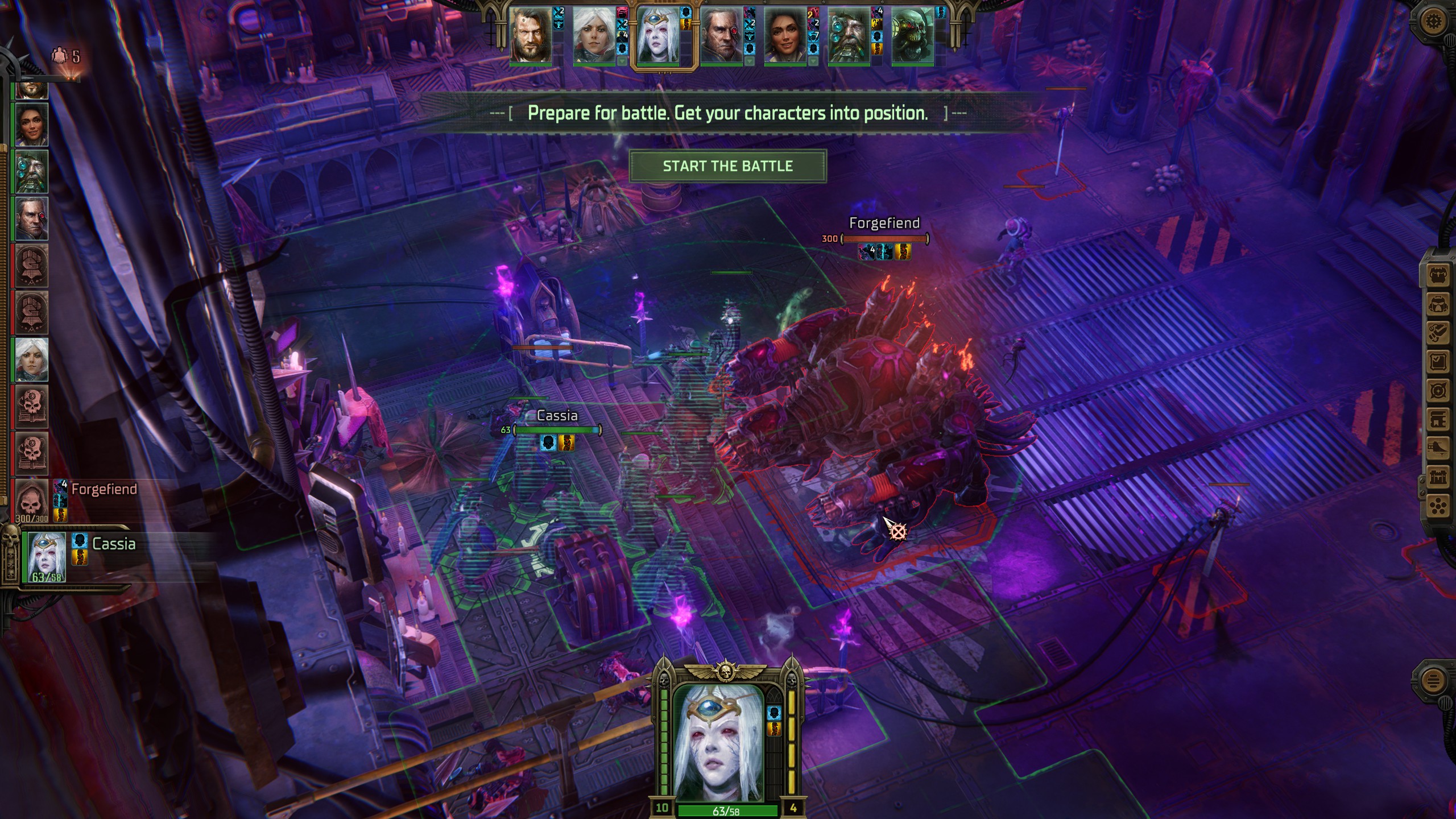 Combat screen of Rogue Trader showing showdown with Forgefiend optional boss.