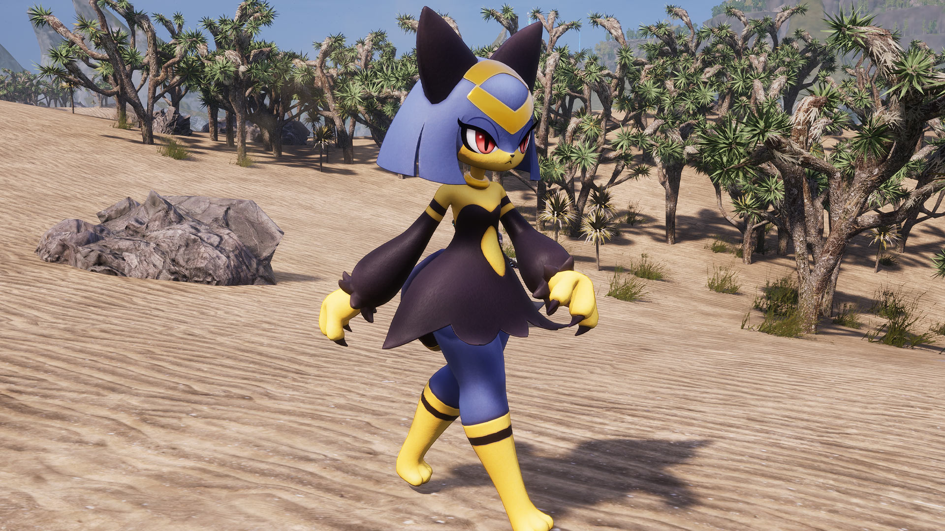 Palworld - Sekhmet, an anthropomorphic fox with a black dress, blue hair, and yellow boots