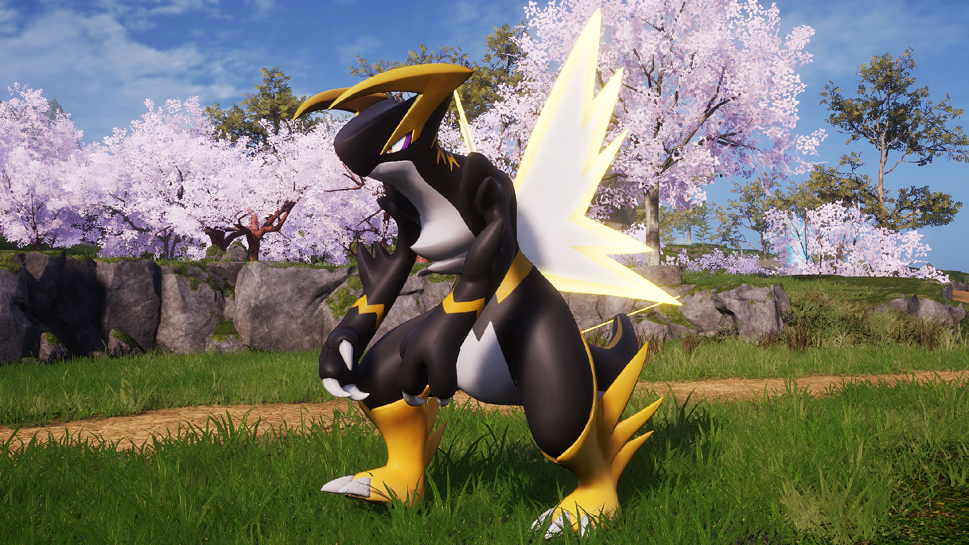 Palworld - Ozerk, a black and yellow bipedal shark-like pal with wings.