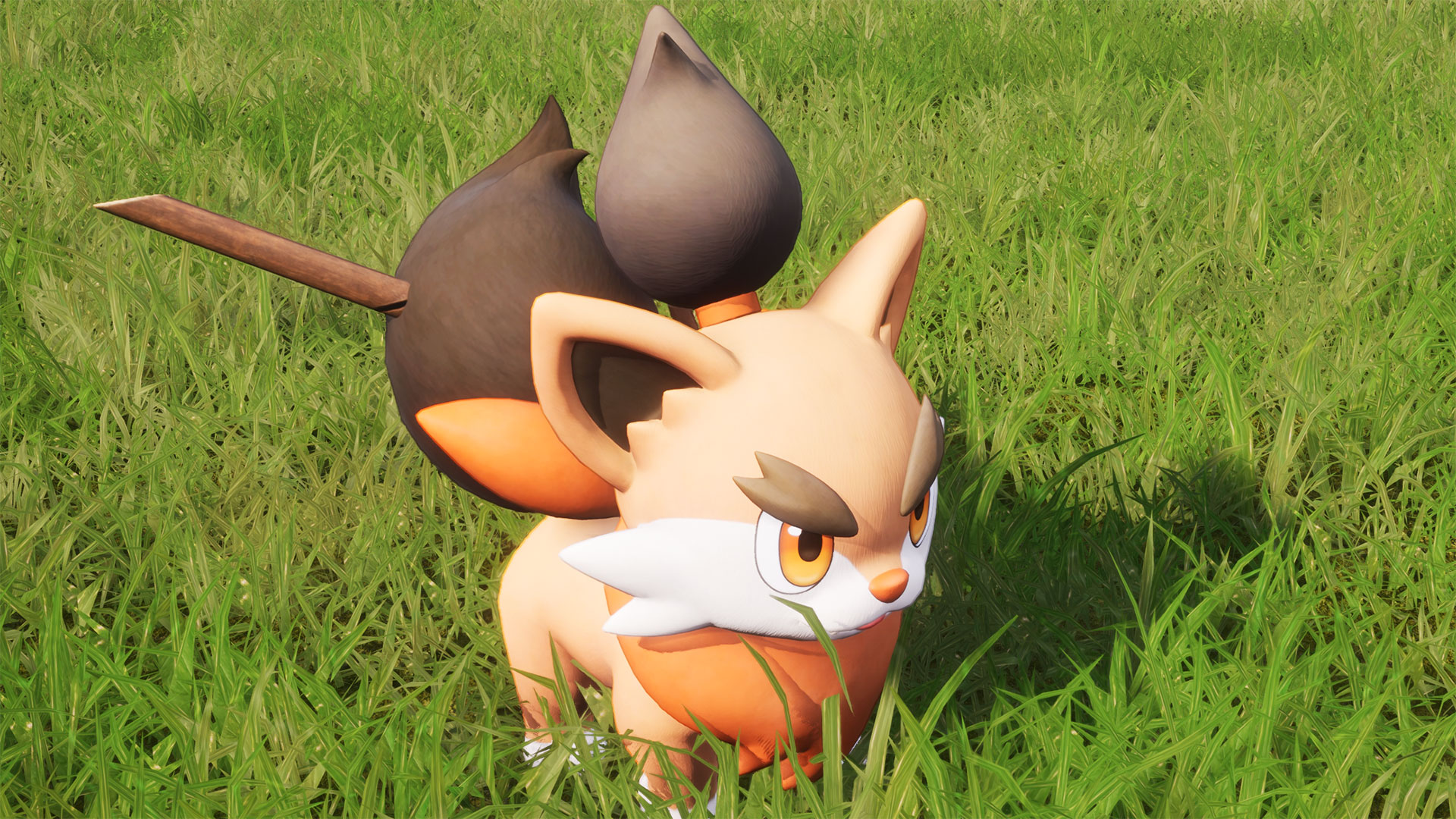 Palworld - Pupperai, an orange puppy with a white beard and angry eyebrows