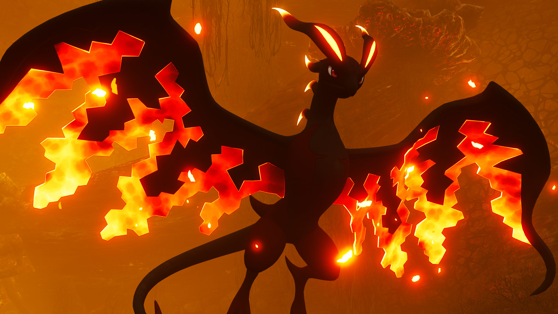Palworld - Eidrolon Ignos, a red and black fire dragon pal