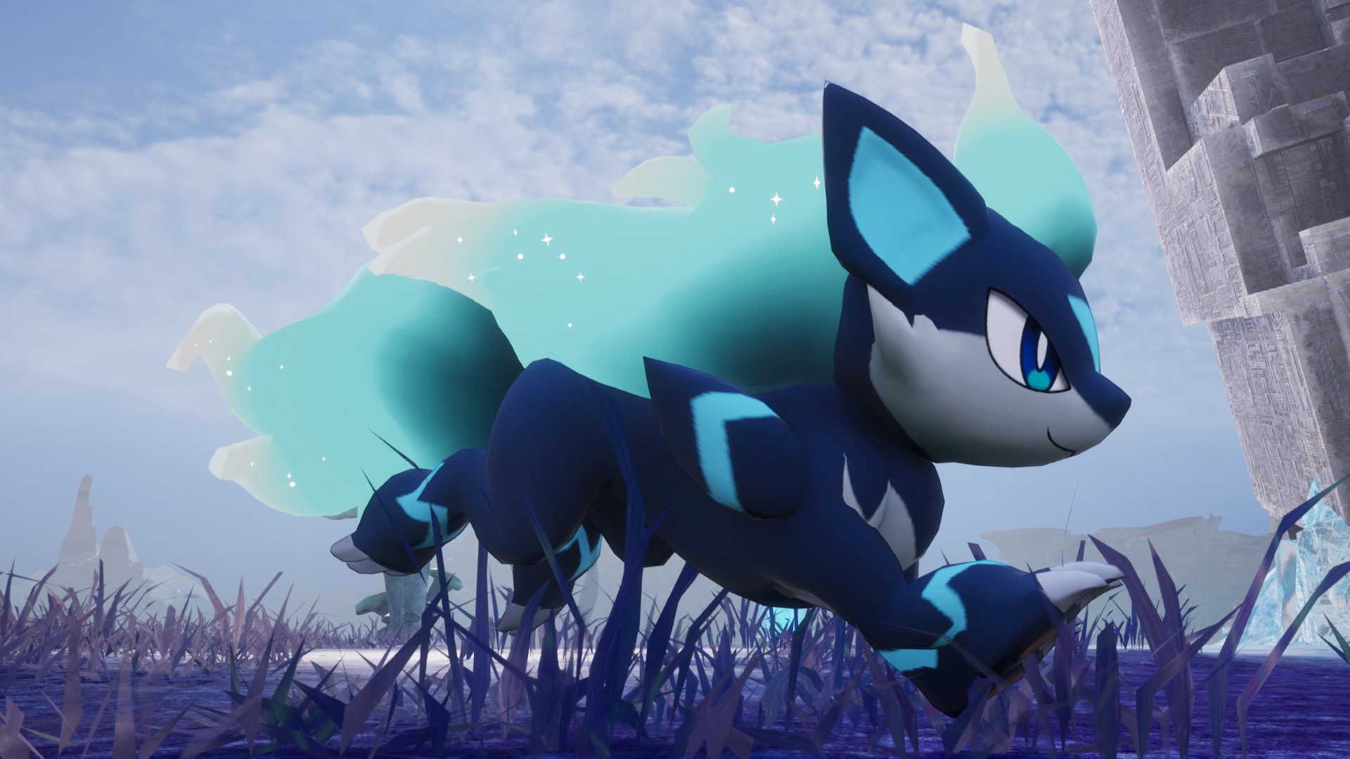 Palworld - Smokie Cryst, a dark blue pokemon with a light blue and white mane that's similar to a wolf