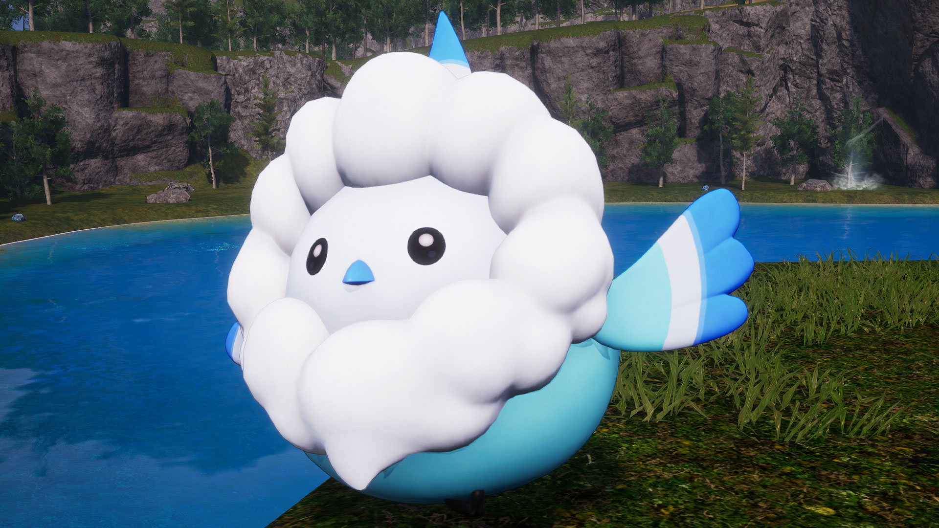 Palworld - muffly, a floating blue bird with a white fluffy mane