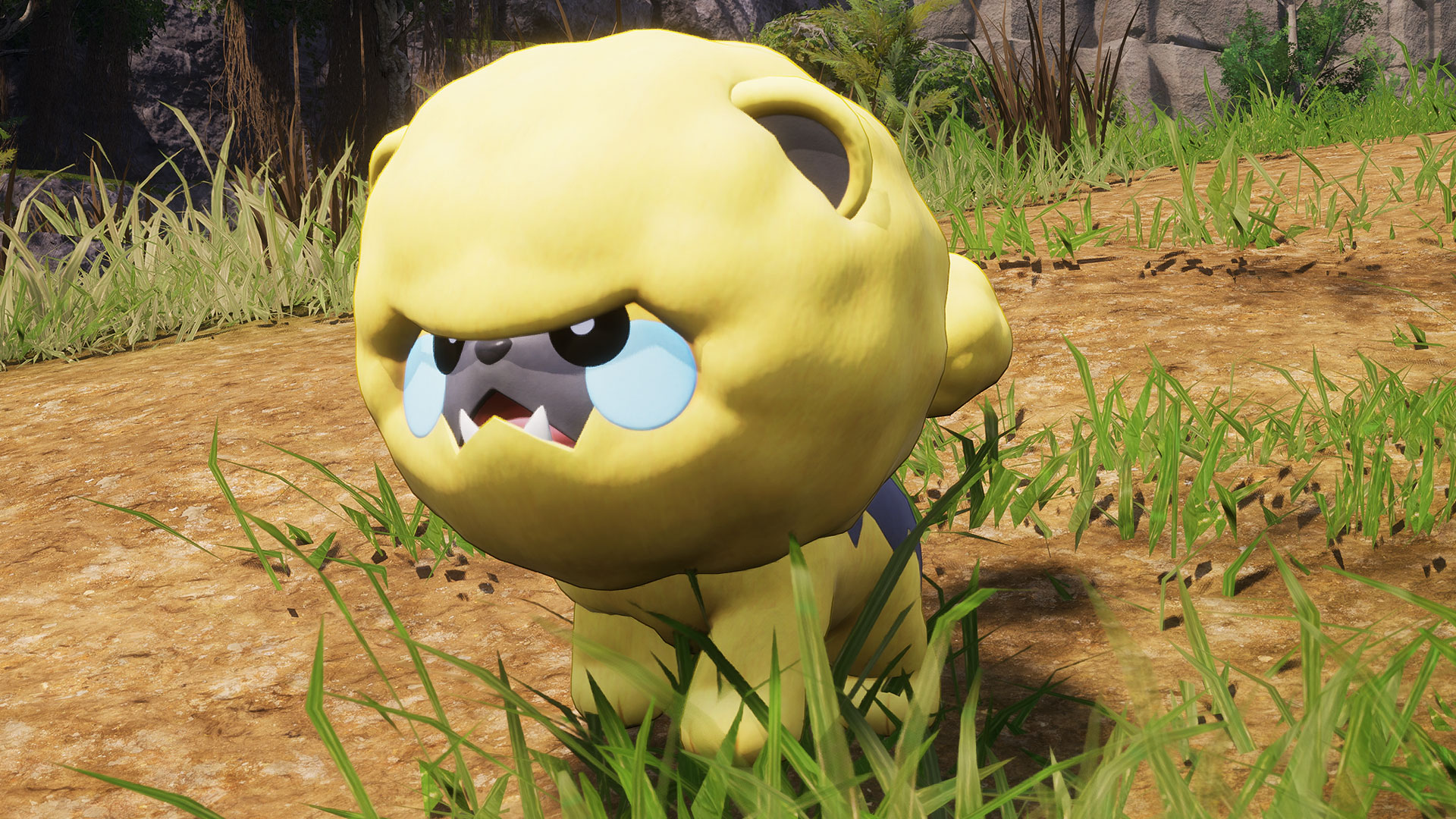 Palworld - puffolt, a small pomeranian-like pal with yellow fur and a blue face