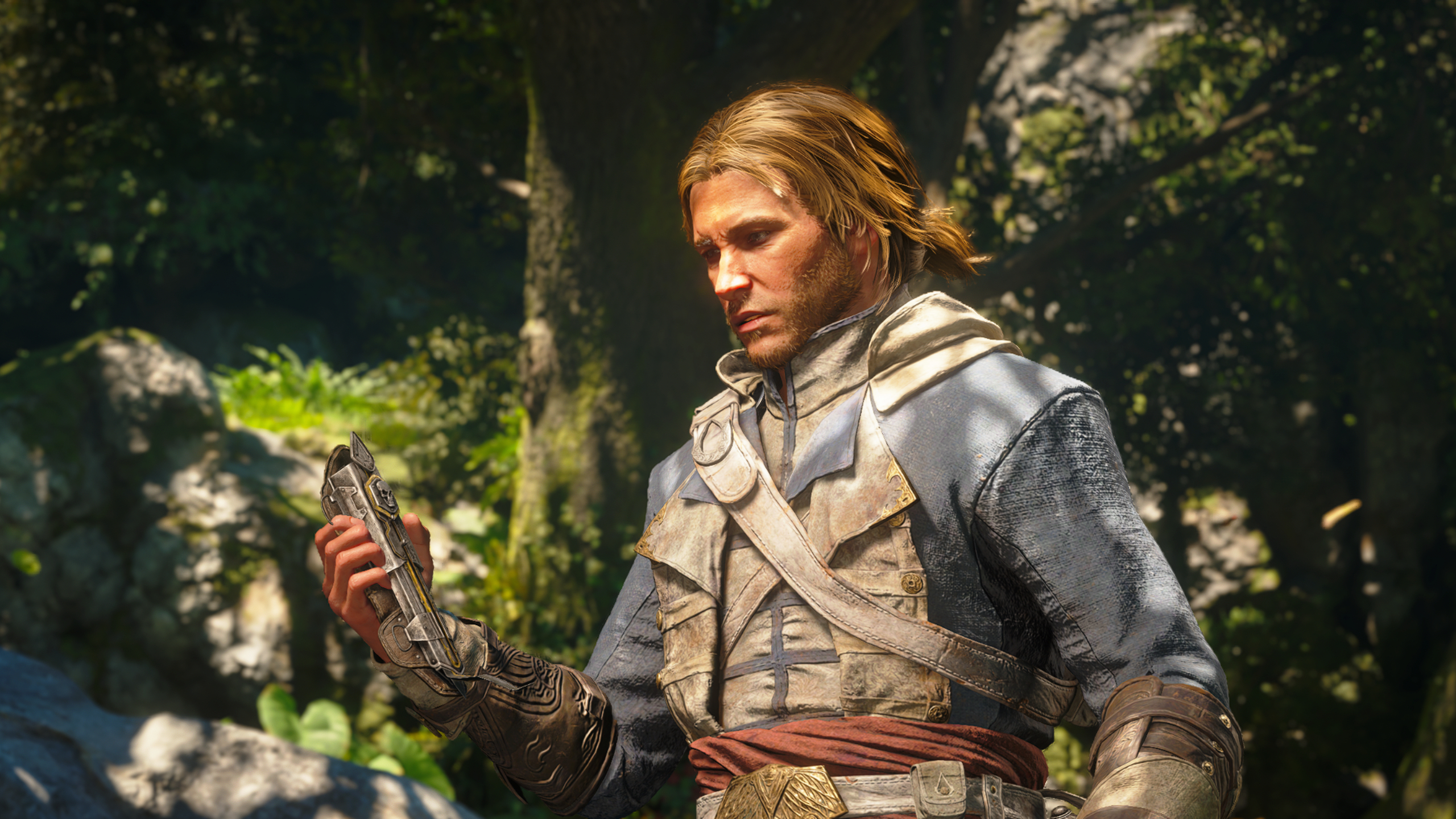 Black Flag Resynced: Edward, wearing Duncan Walpole's robes, puzzlingly looking at a hidden blade in his hand.