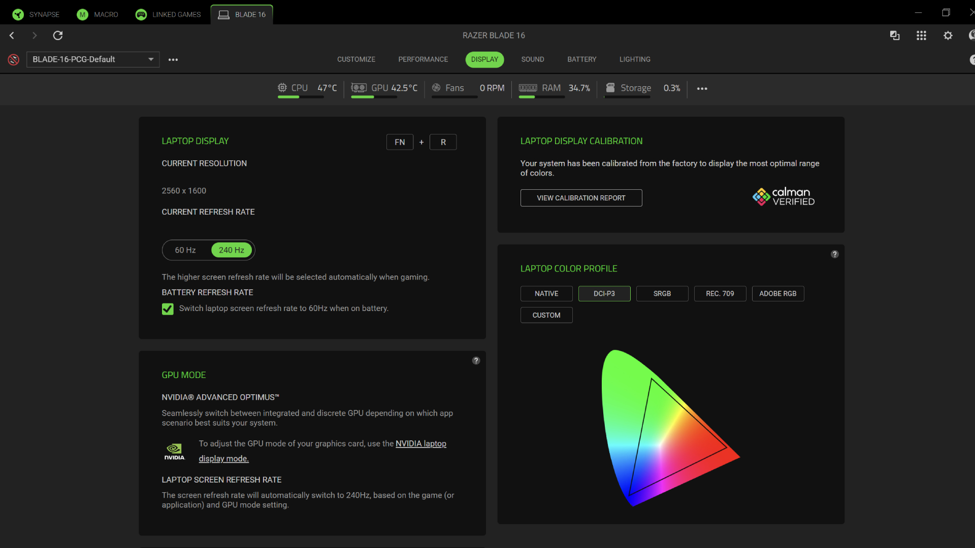 Razer Synapse display settings running on the Razer Blade 16 (2026) gaming laptop
