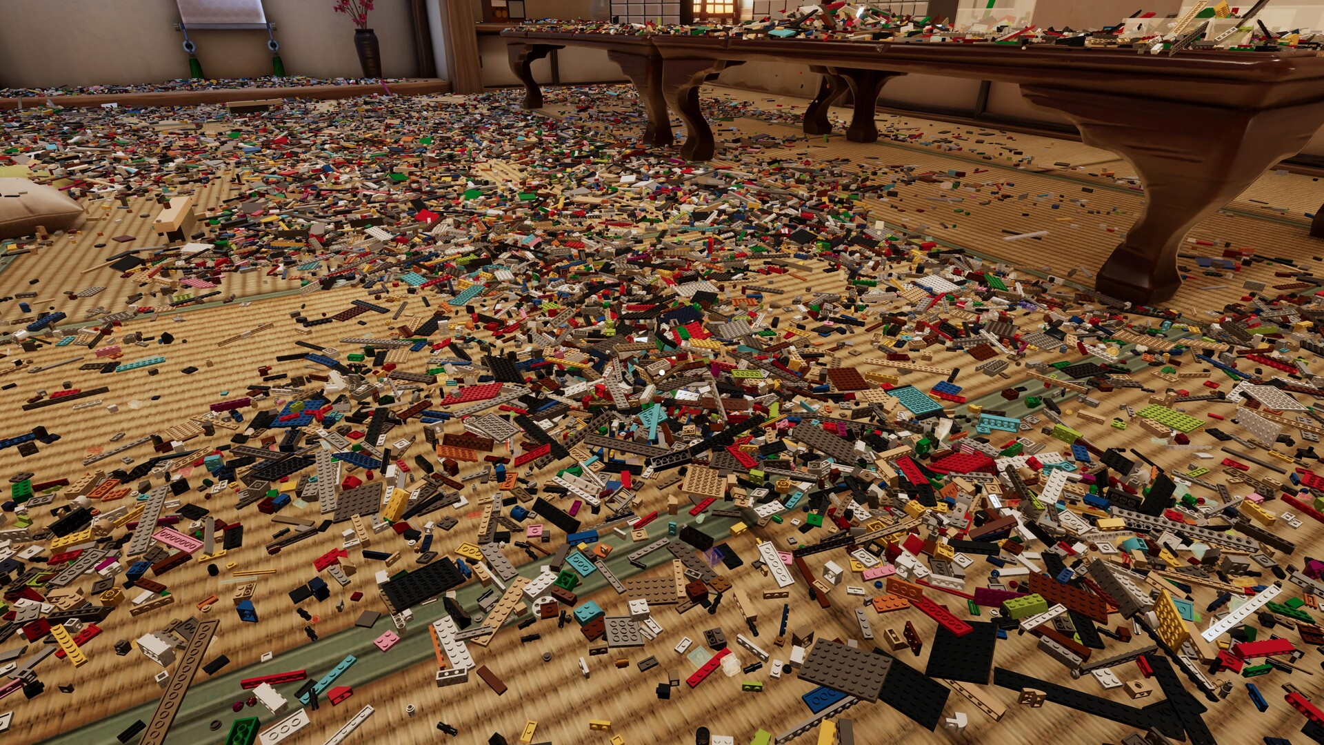 A room full of unsorted LEGO blocks