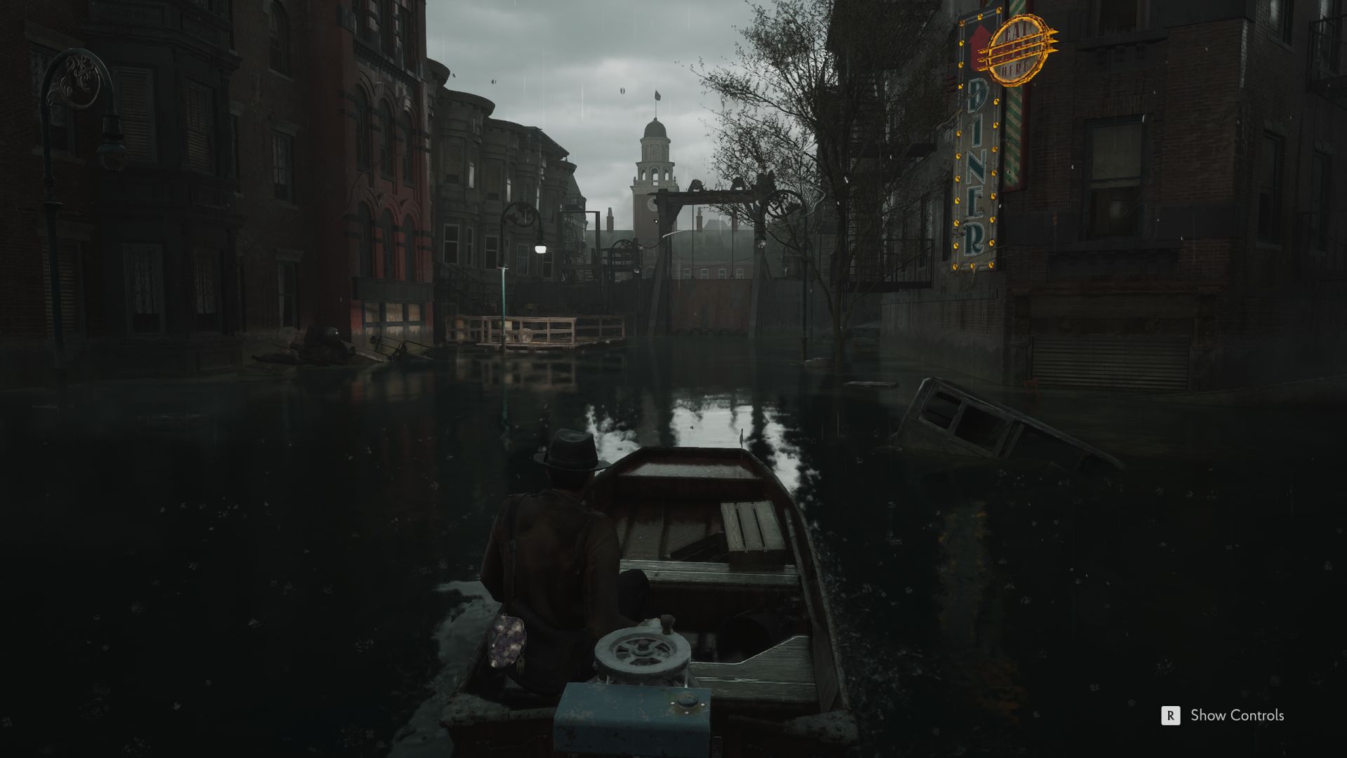 Piloting a boat through the flooded streets of Arkham