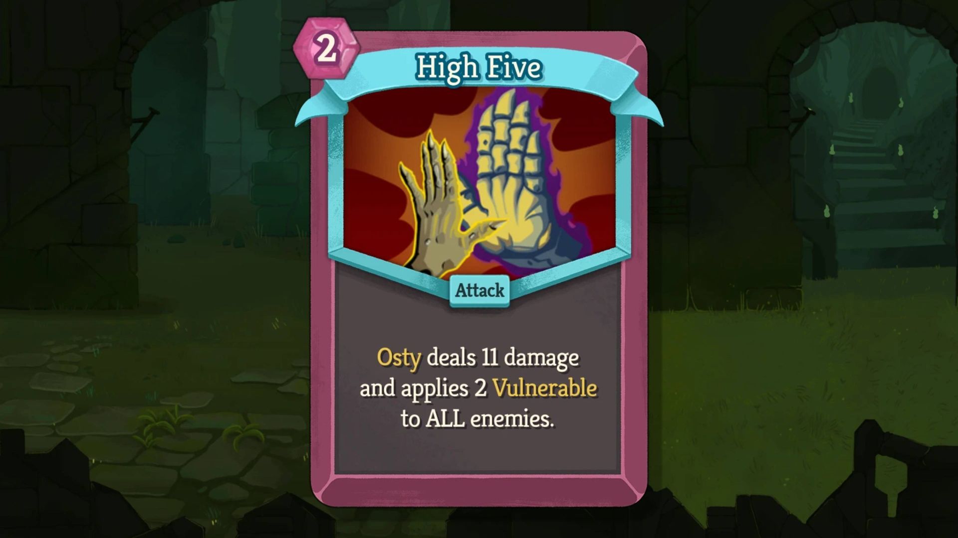High Five card from Slay the Spire 2, osty skeleton hand high fiving another hand