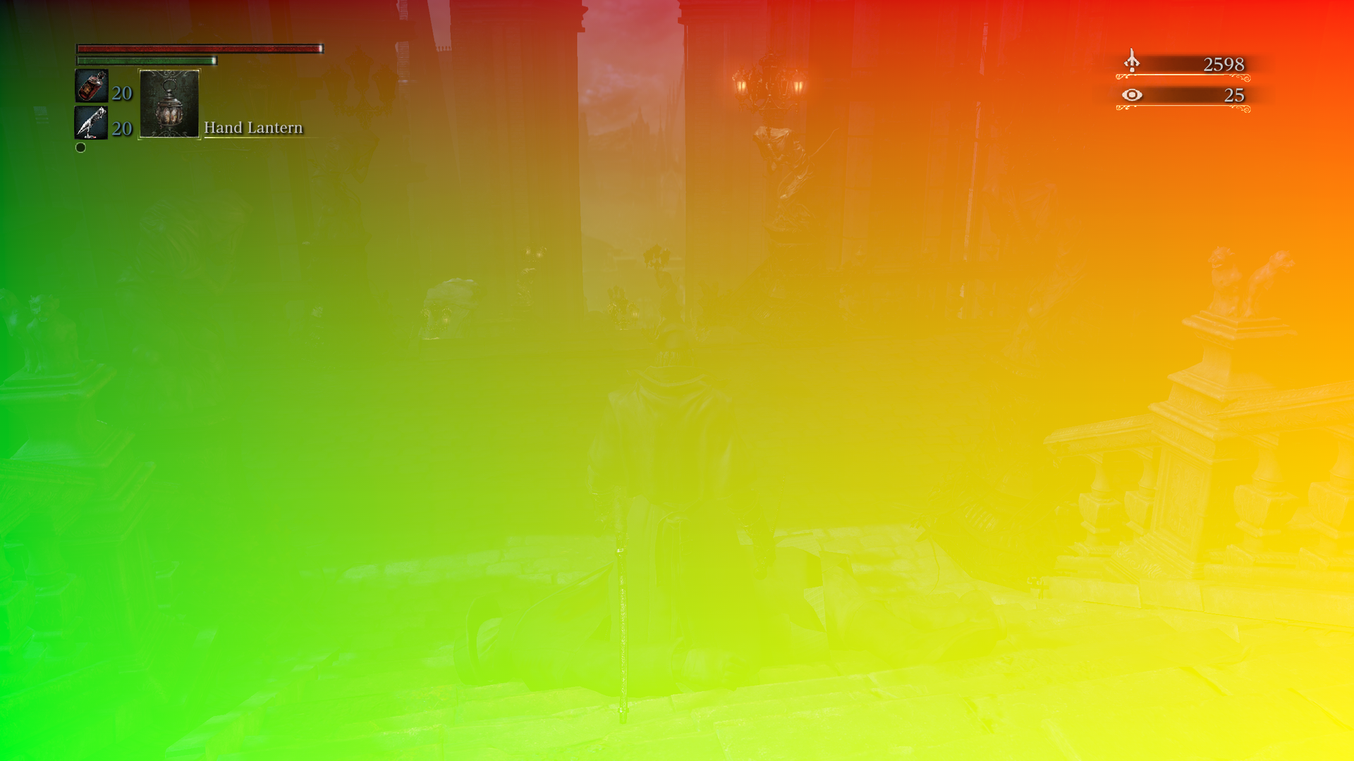 Bloodborne screenshot demonstrating weird rainbow rendering glitch.