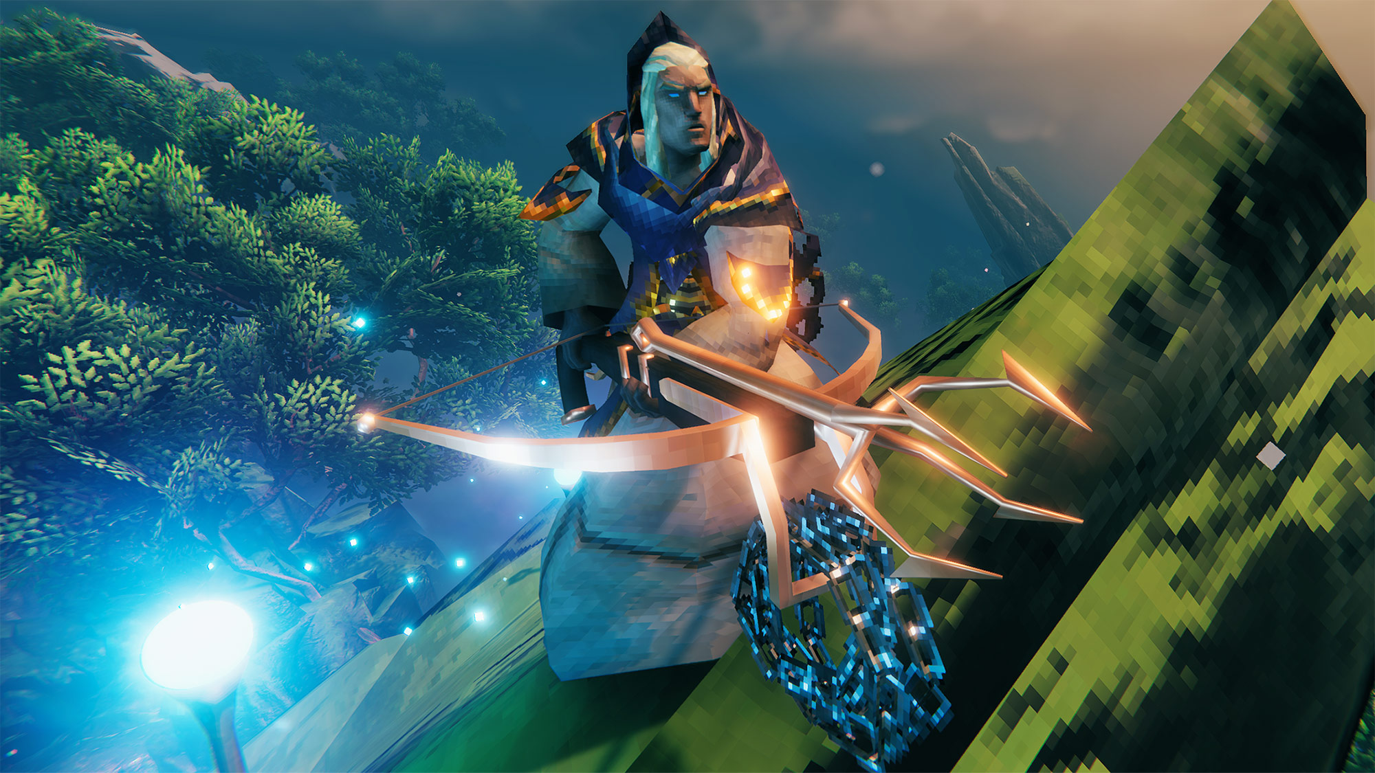 Valheim - A viking standing in the Mistlands holding a grappling hook