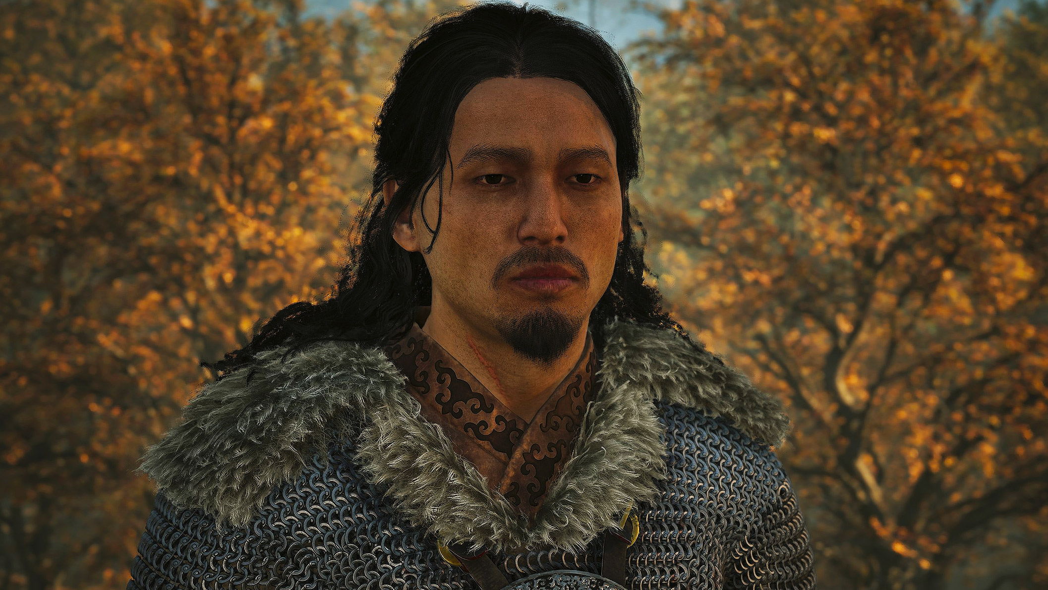 The Blood of Dawnwalker - Crake, a rugged looking man with long black hair, neatly trimmed facial hair, and a fur lined coat