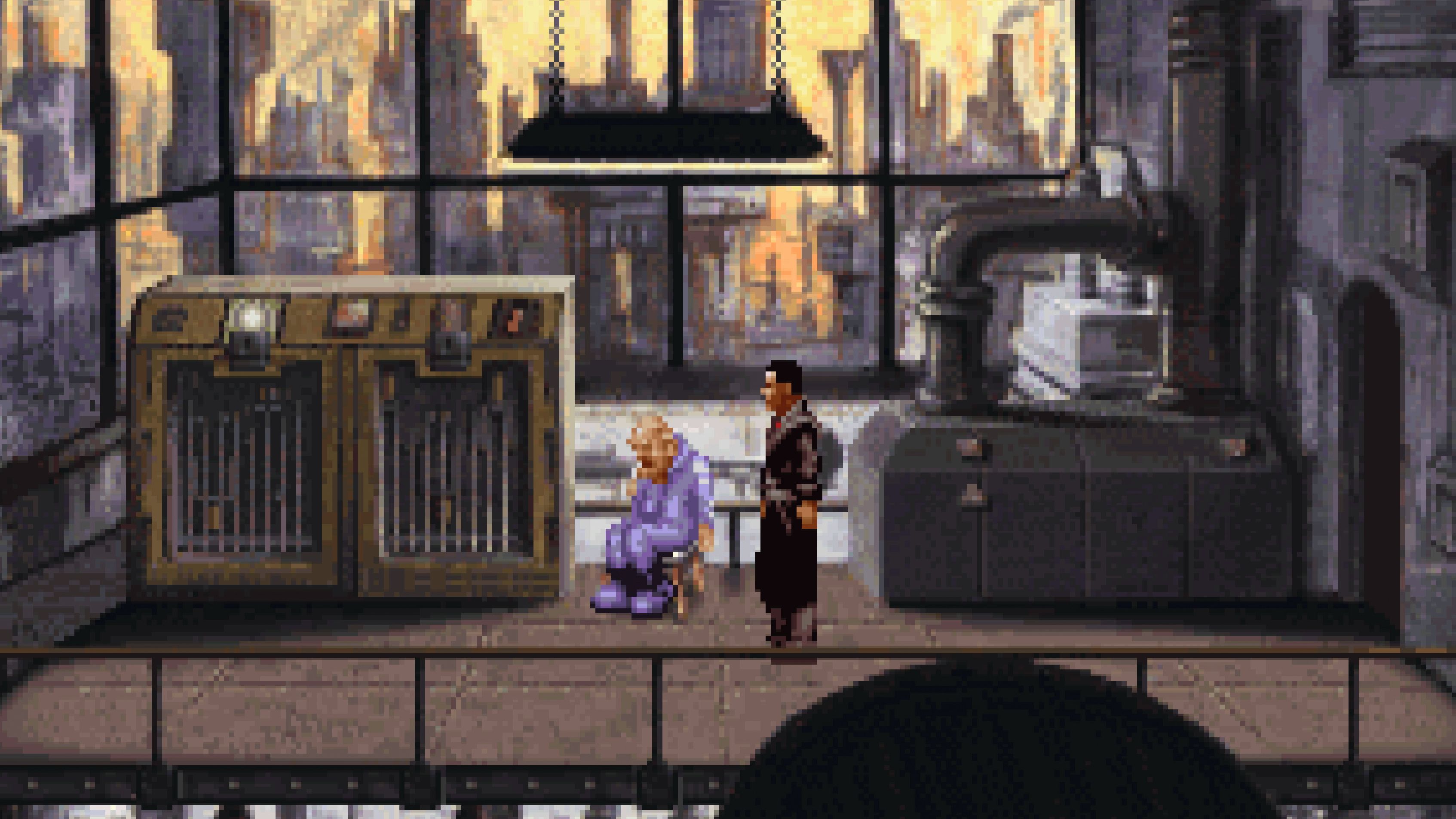 Two characters occupy a room with windows that reveal a dystopian, sci-fi skyline.