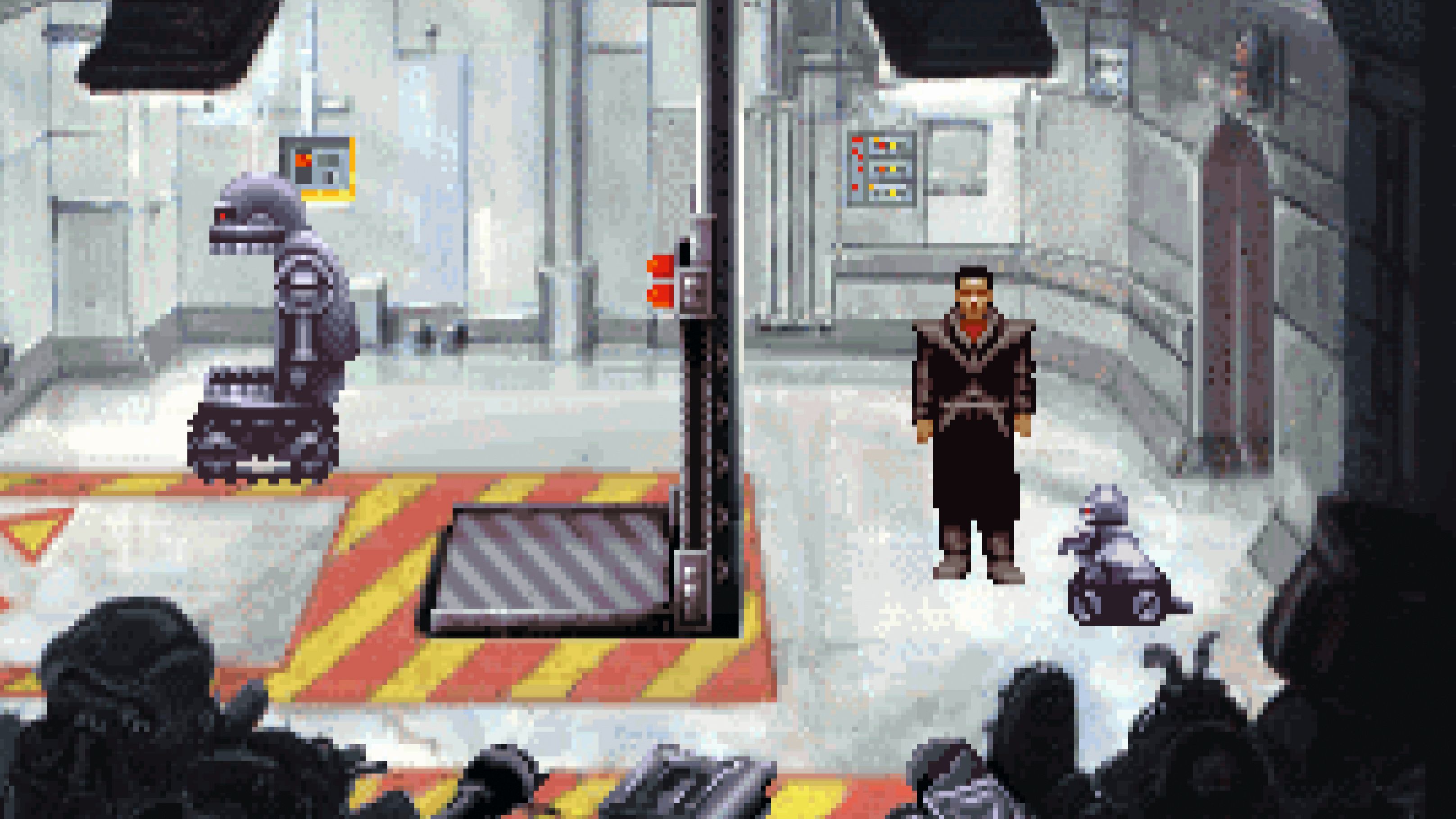A character from Beneath a Steel Sky stands in a sleek, industrial room.