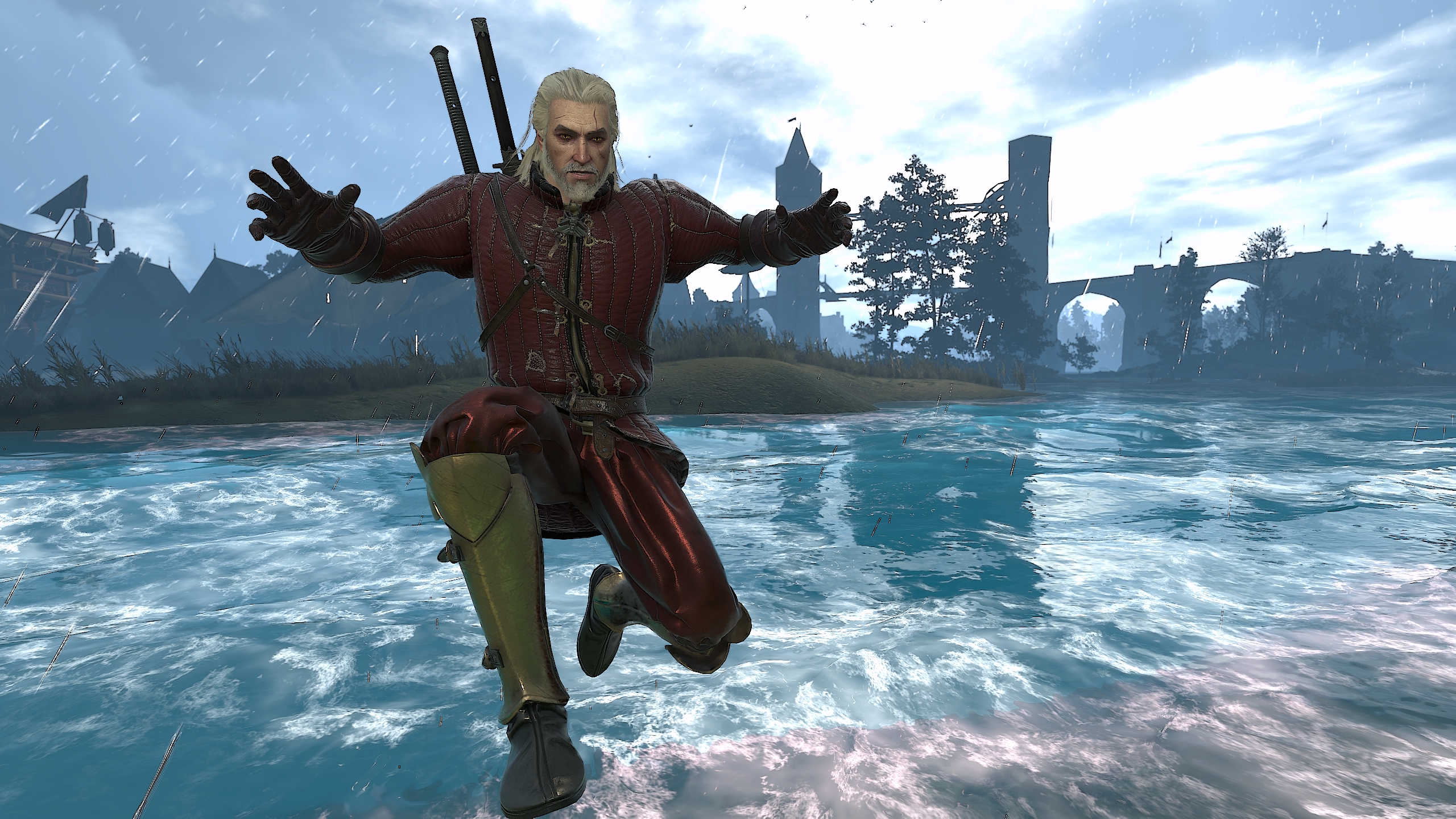 Geralt jumps out of the water