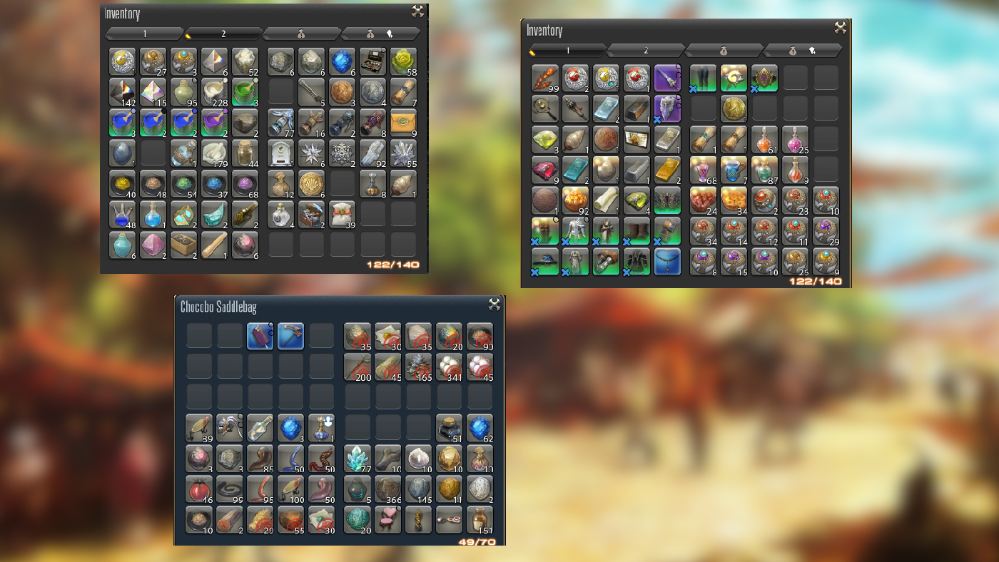 A series of inventory screens from Final Fantasy 14.
