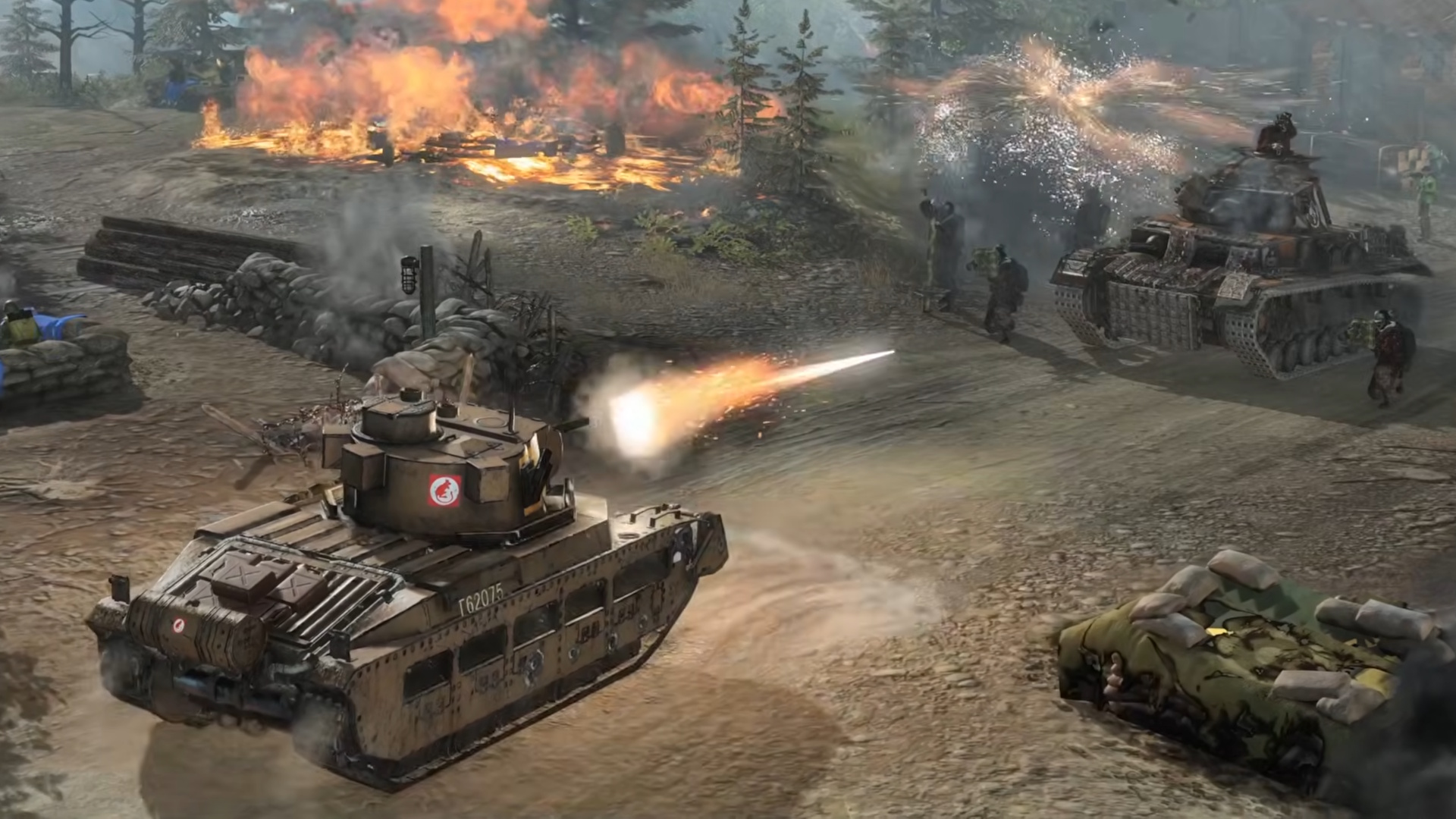 Company of Heroes 3: Final Stand trailer still - British tank firing at German tank