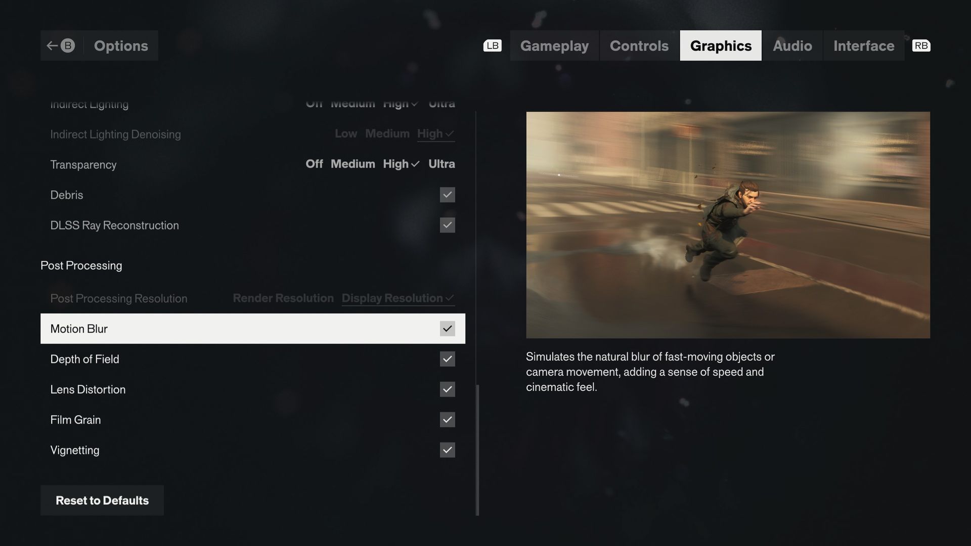 The graphics setting menus for Control Resonant
