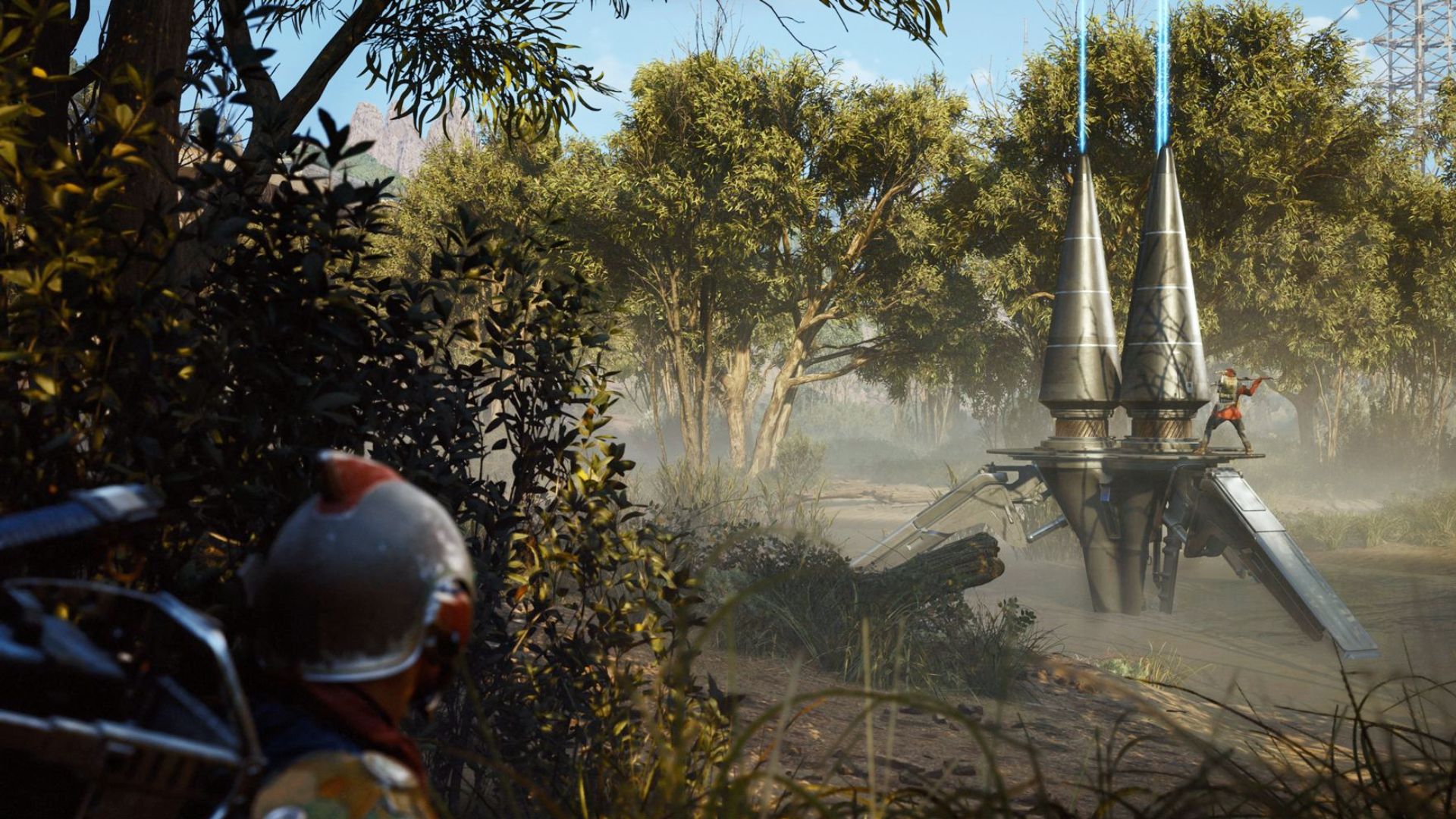 Arc Raiders Close Scrutiny: Key art showing a character hiding in a bush in the foreground while another raider in the background breaches an Assessor.
