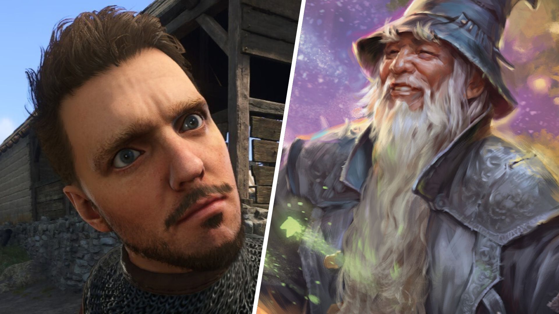 Split image: on the left is Henry of Skalitz looking puzzled, on the right is an illustration of Gandalf doing wizard stuff.