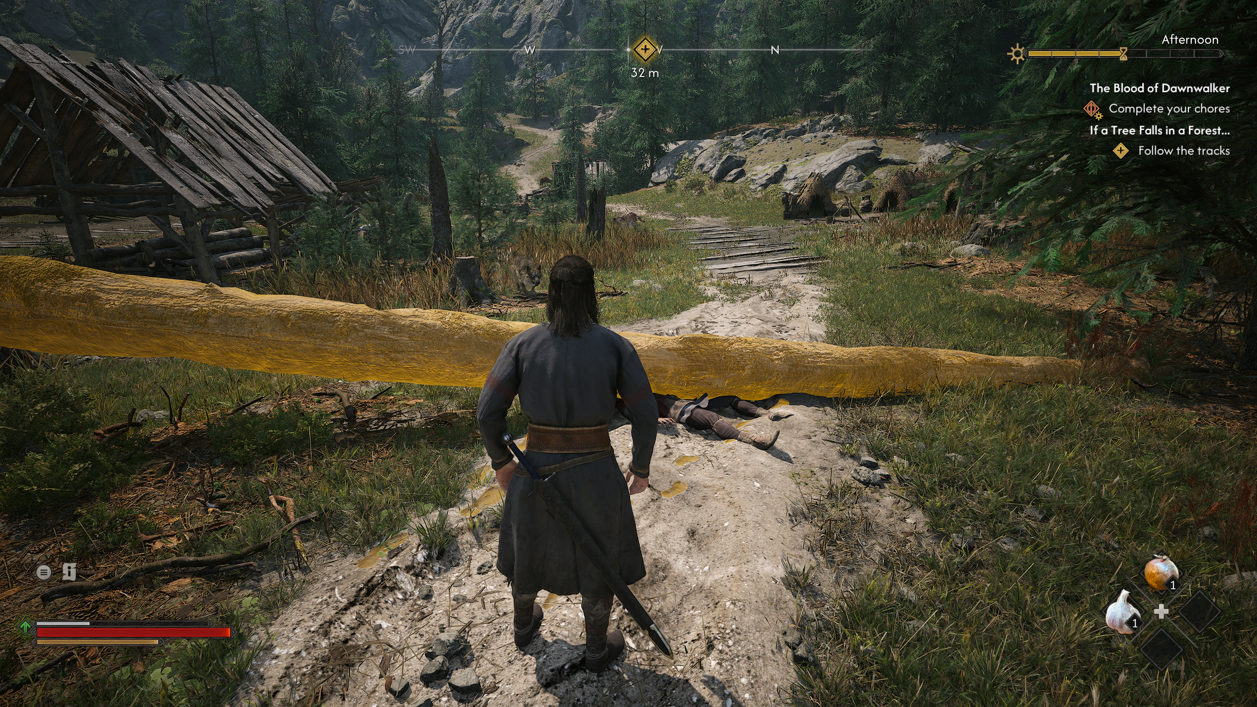Dawnwalker - Coen inspects a fallen tree on top of a body in the If A Tree Falls quest in Laslea