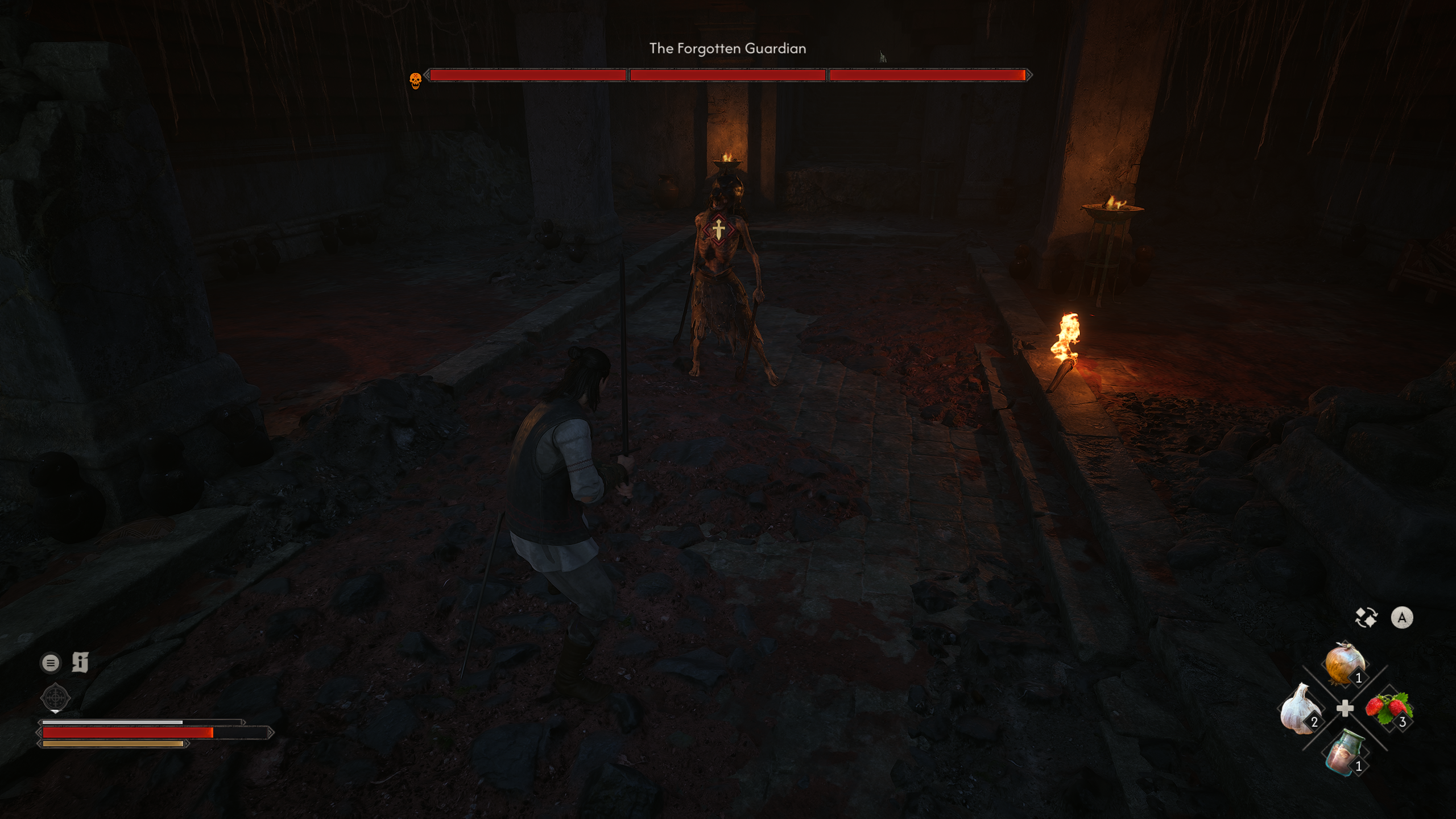 Dawnwalker - Coen fights The Forgotten Guardian in the haunted ruins in Laslea