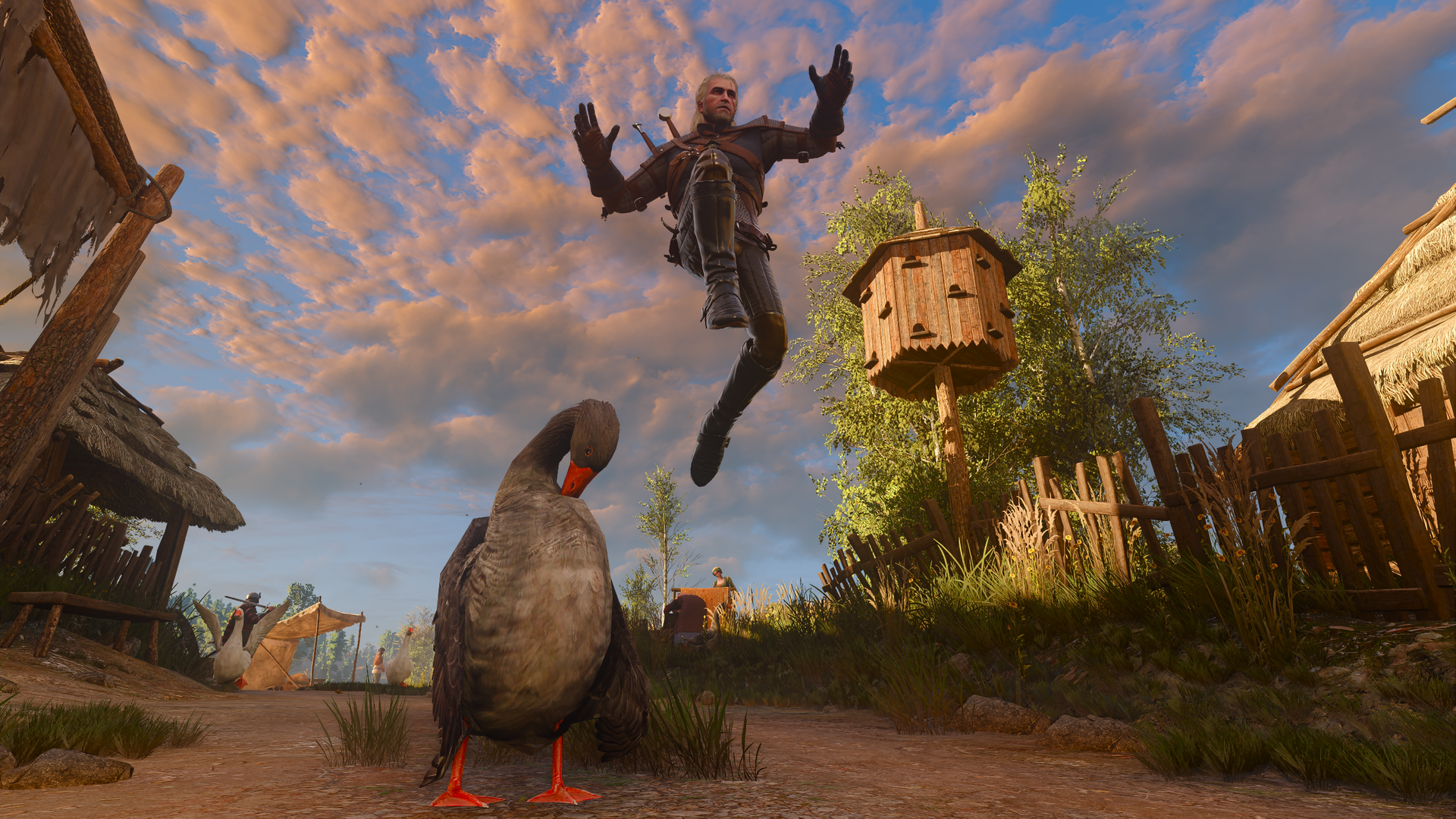 Geralt stunts on a goose.