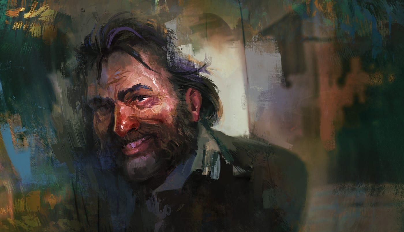 Harry from Disco Elysium grinning