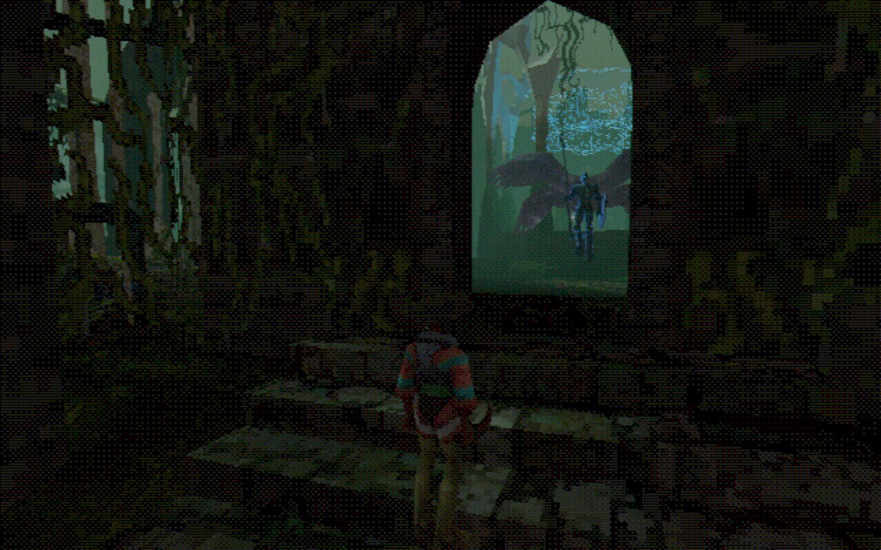 Entropy screenshot character approaching doorway with angel visible behind