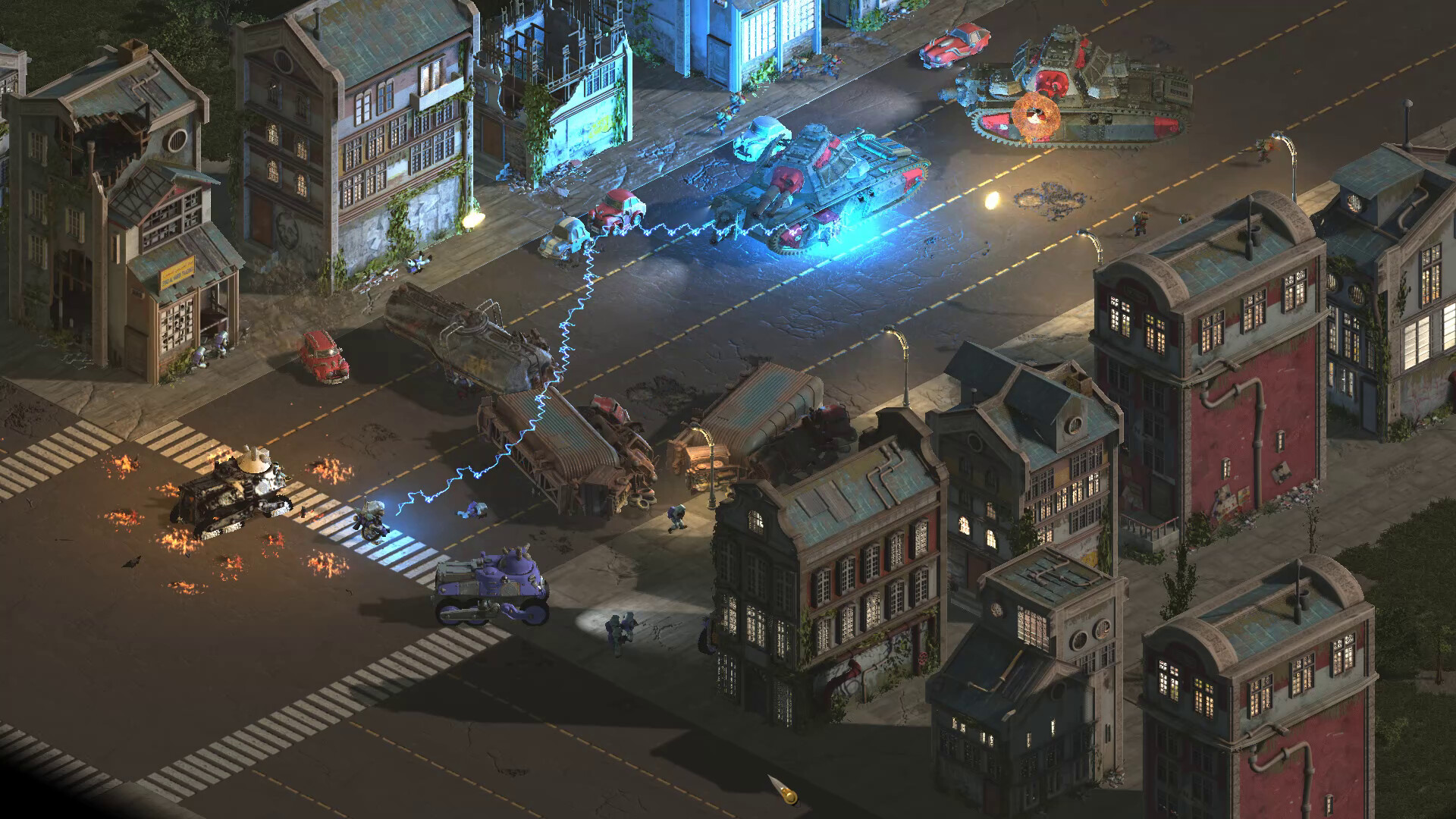 Command and Conquer style isometric residential street fight between vehicles with electricity streaks visible