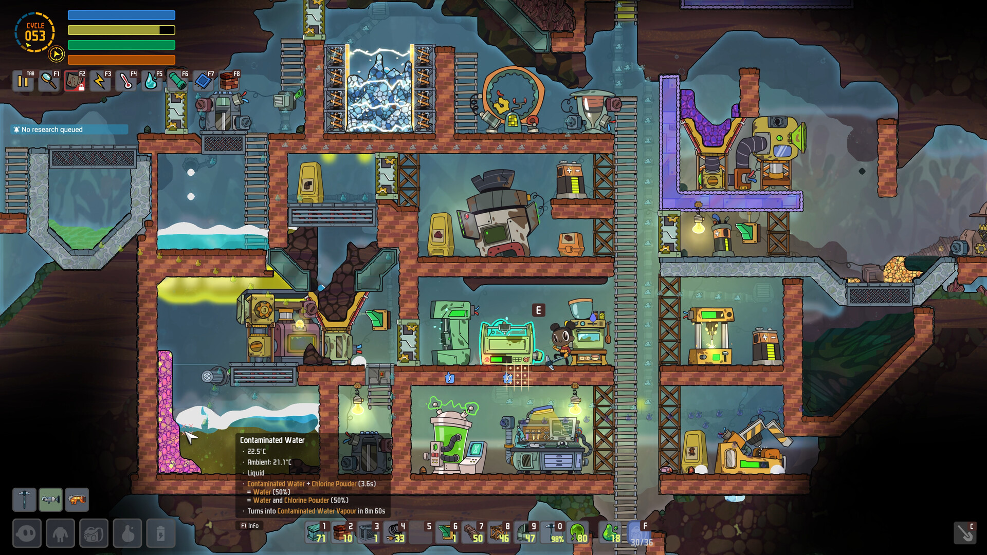 Crossection screenshot of a subterranean world with various science structures, cartoony