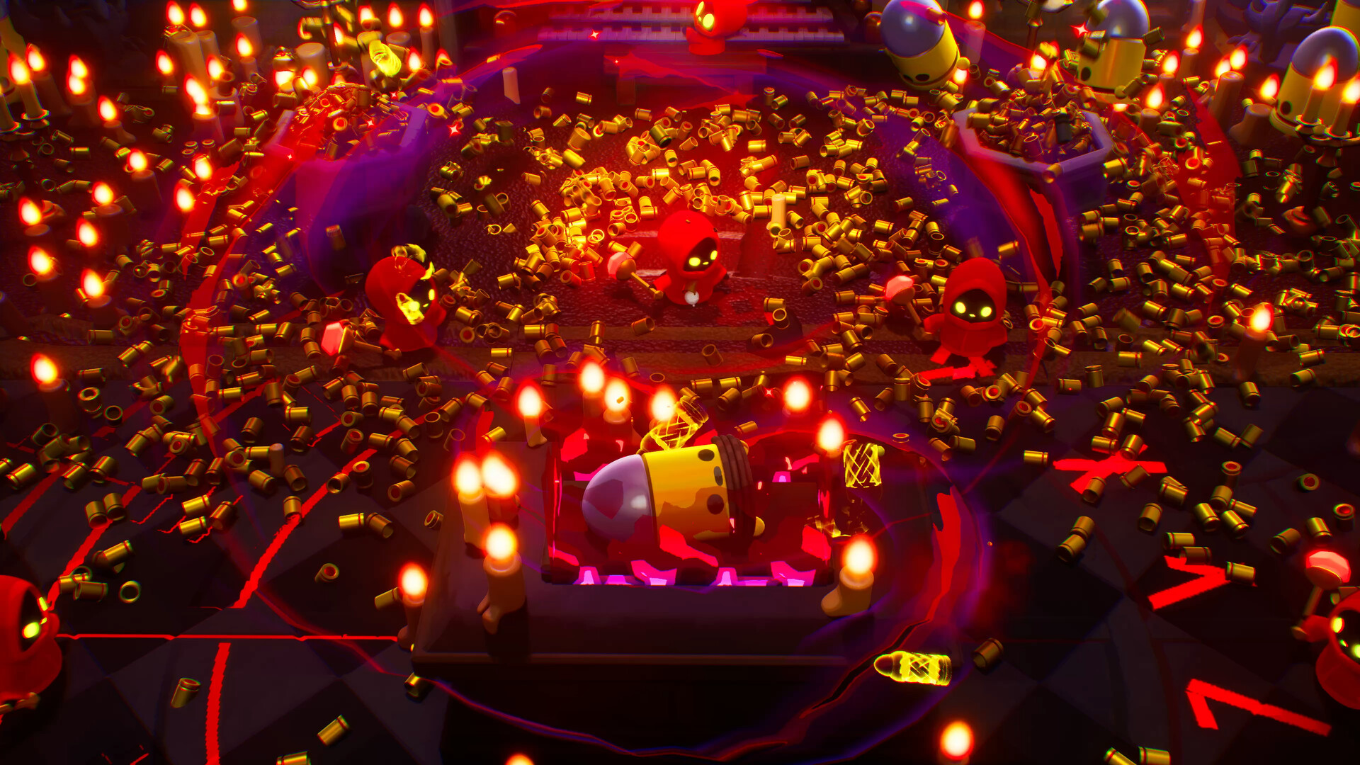 early Enter the Gungeon 2 screenshot with a jillion spent shells on the ground and occult demonic imagery
