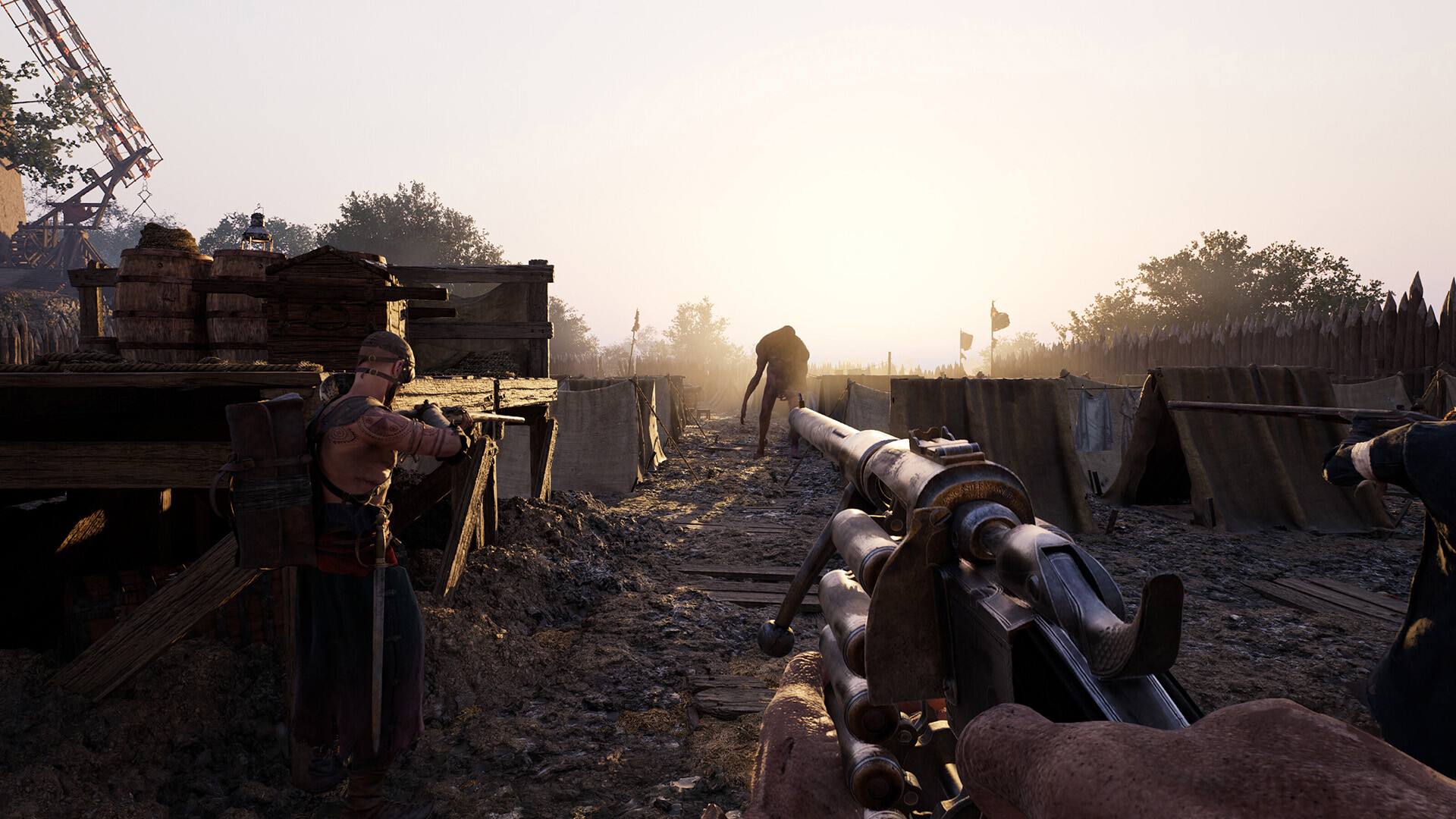 Hunger first person screenshot sun flare holding an old style pistol with a teammate alongside