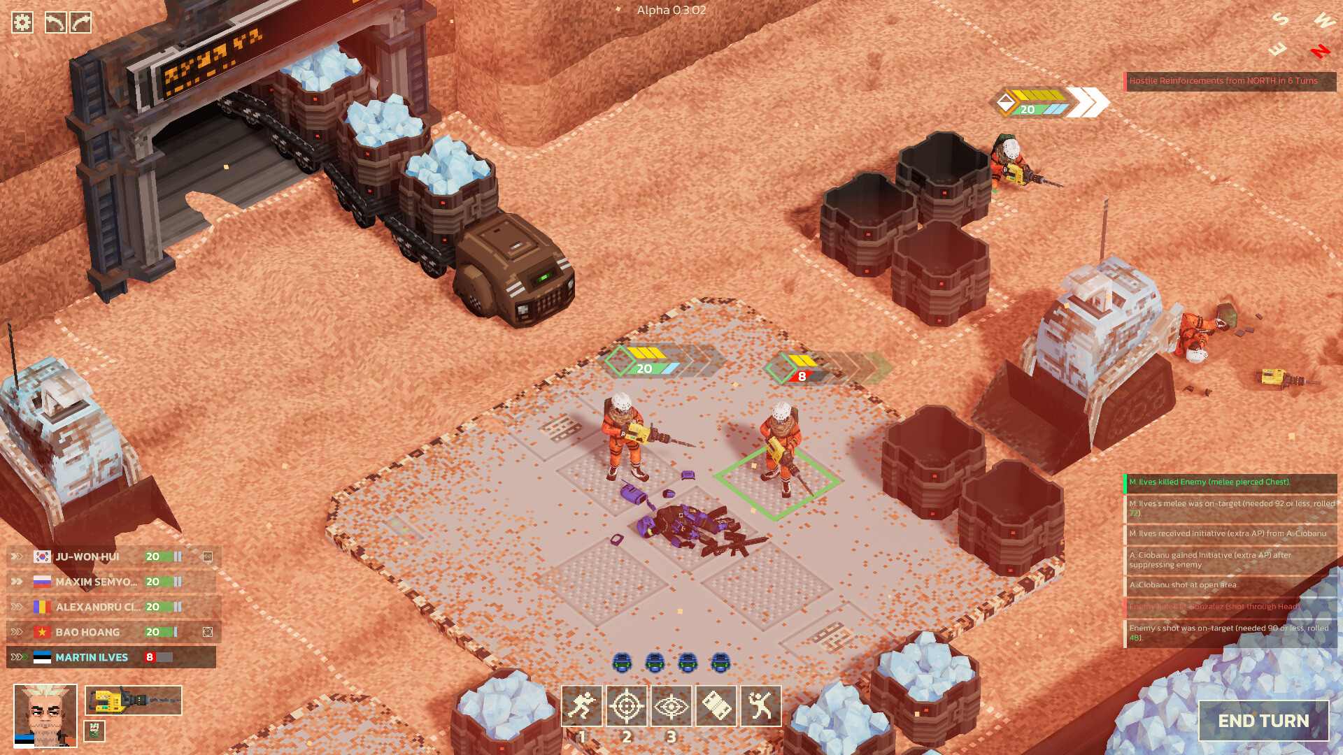Mars colored red sandy earth outside a mineshaft with various equipment and two space soldiers