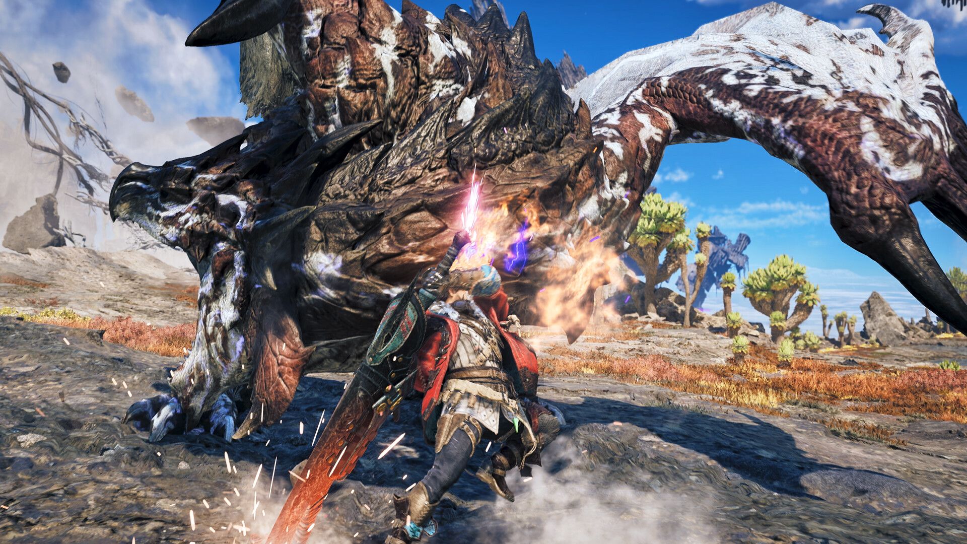 A hunter slashing at a Guardian Rathalos using a greatsword in Monster Hunter Wilds: Ascendance.