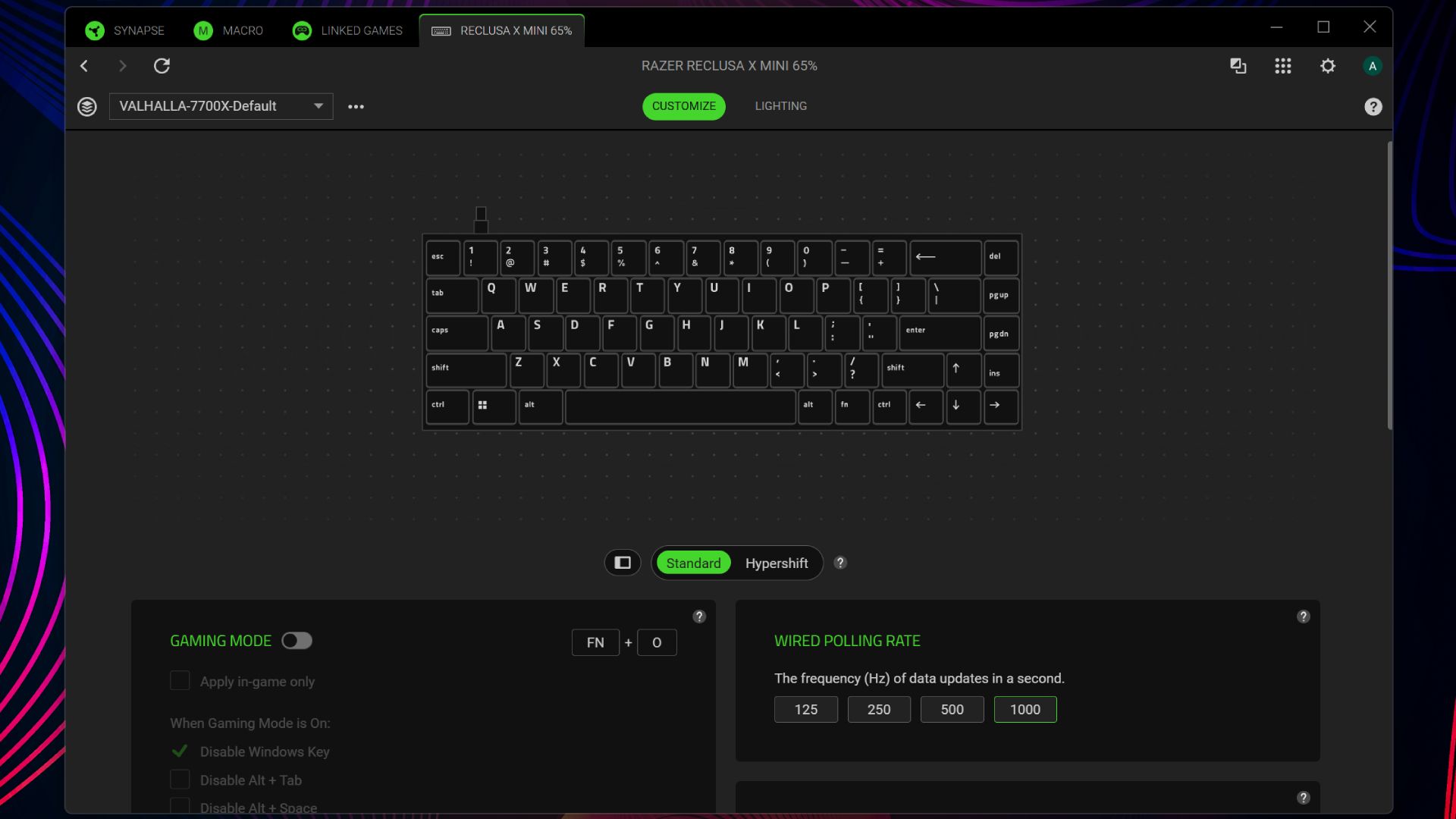 Razer Synapse settings for the Reclusa X Mini 65% gaming keyboard