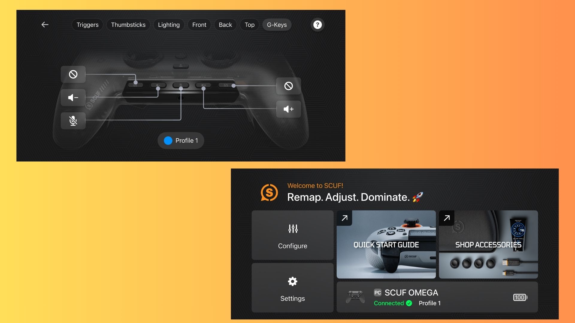 Screenshots from the Scuf Omega app, showing how to customize buttons