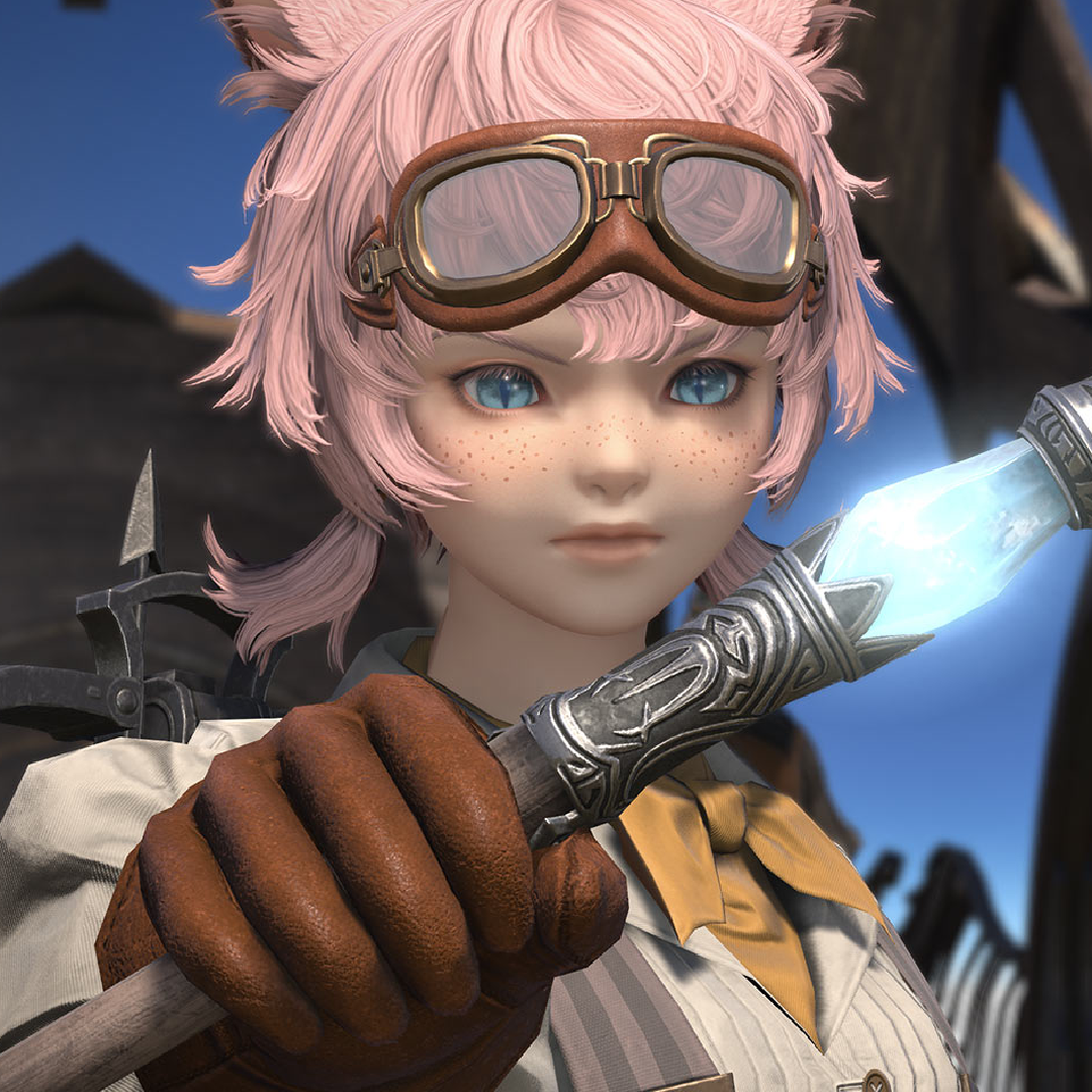 A catgirl from Final Fantasy 14 holds her crossbow bolt out to the camera - on her back is a visible crossbow.