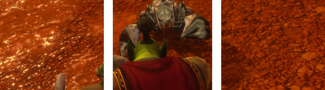 A behind-the-back view of an orc fighting a scorpid in World of Warcraft: Forever, split into three sections.