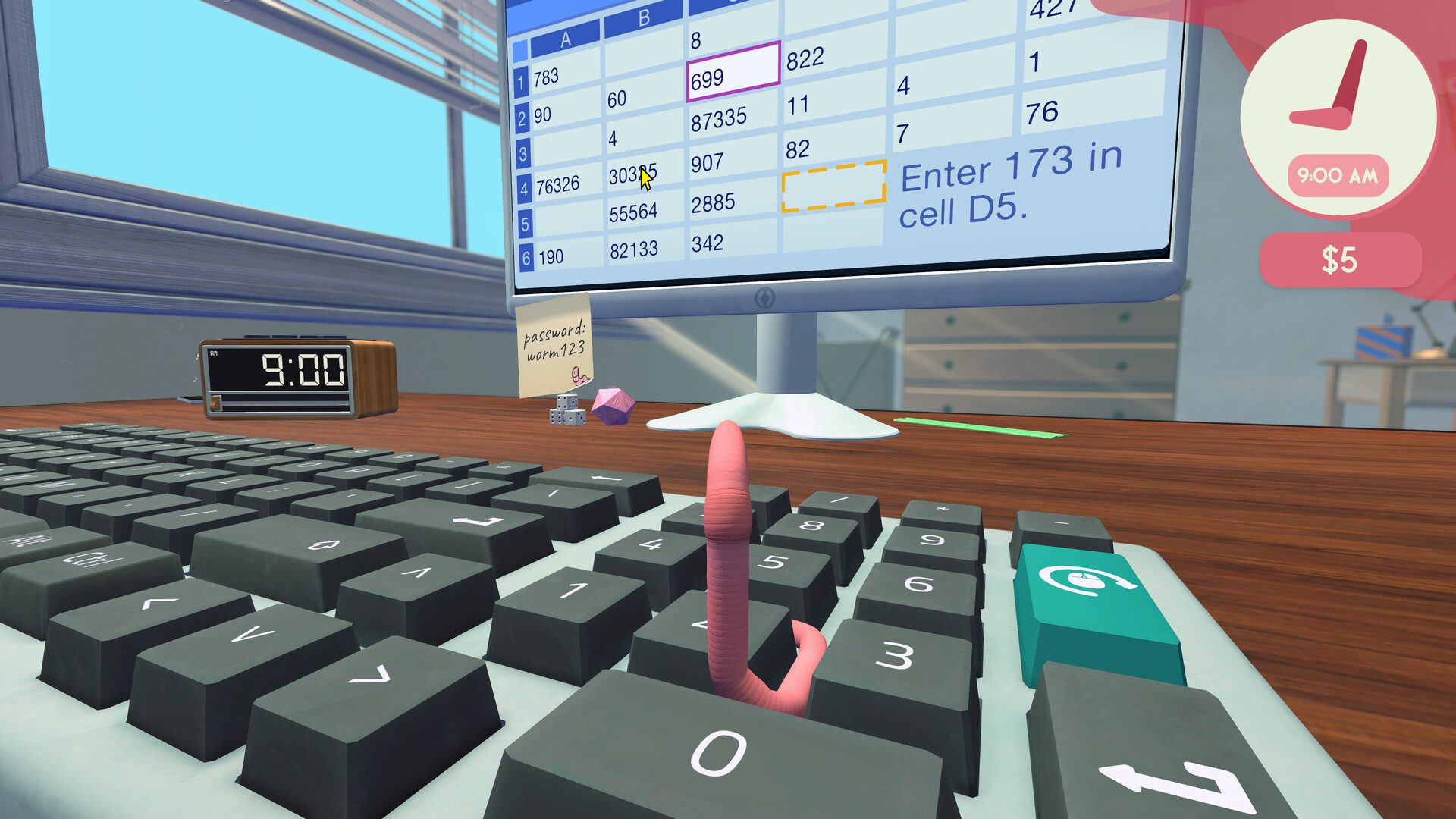 A worm attempting to type commands on a computer keyboard