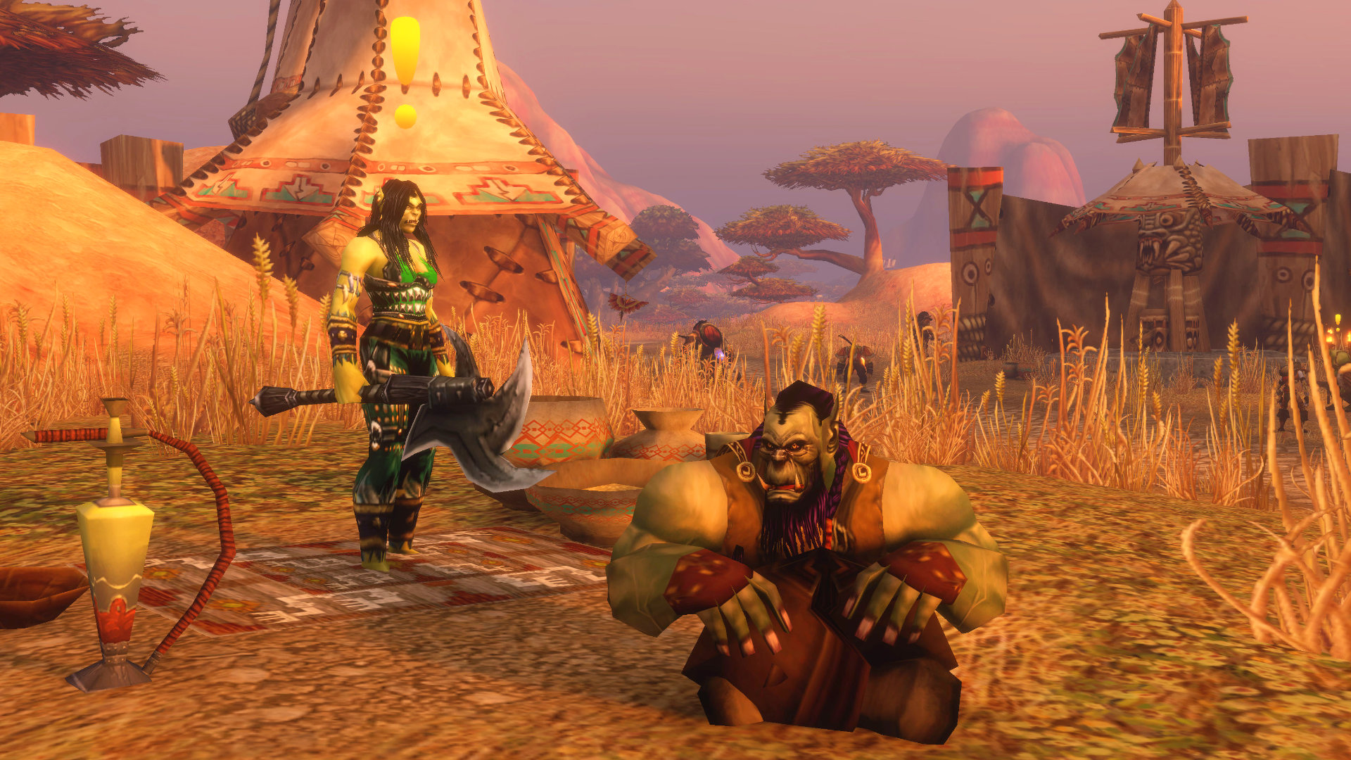 A screenshot of the World of Warcraft: Forever beta. A pair of Orcs in the Crossroads rest on the dry ground.