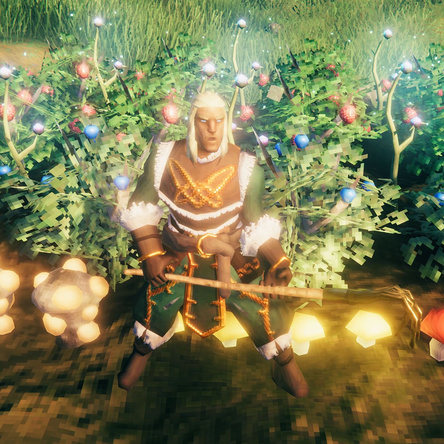 Valheim mod - A Viking standing in front of planted blueberries, raspberries, mushrooms, and more.