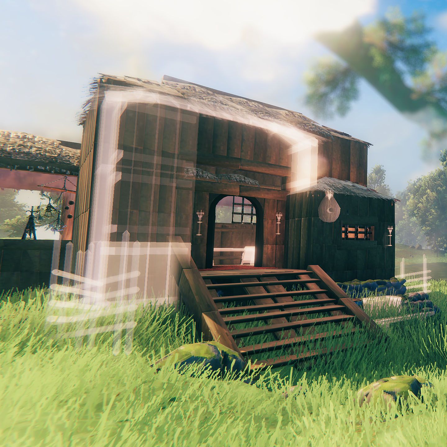 Valheim mod - A preview of Planbuild. There is a house mostly build with a white, see-through portion not yet finished. It looks like 3D blueprints.