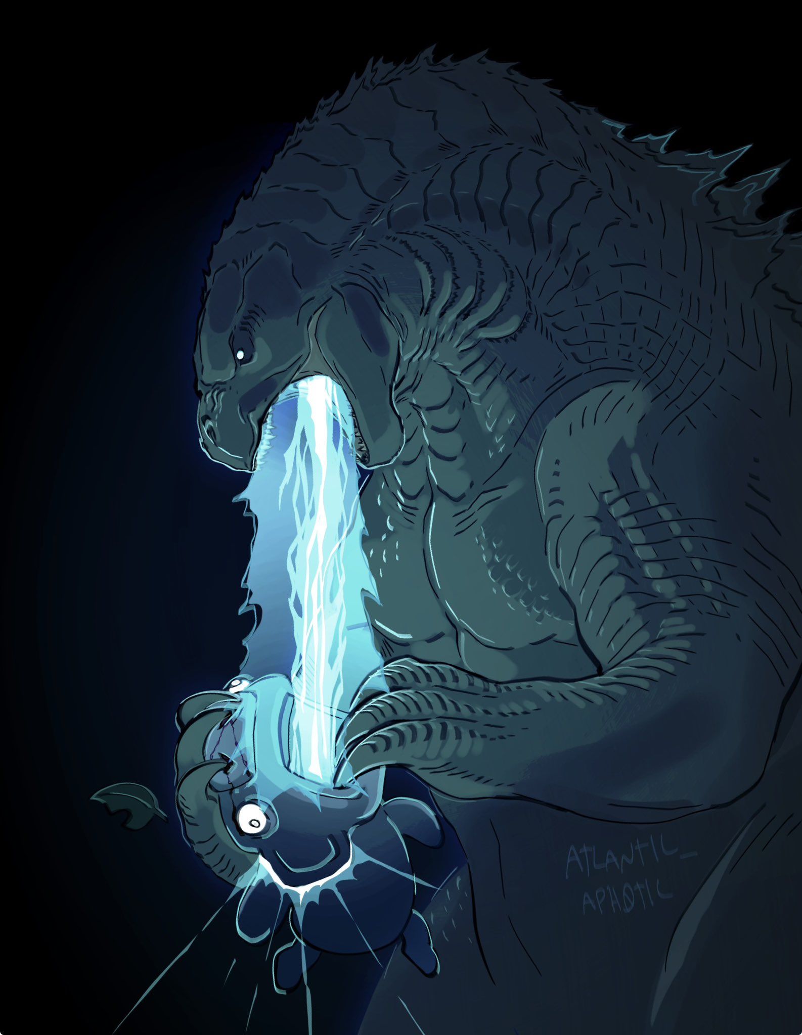 Godzilla firing an atomic ray into Wumpus's mouth by X user @Atlanticaph0tic.